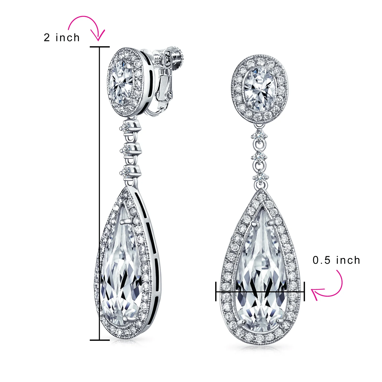 Amethyst Purple CZ Teardrop Chandelier Screw Clip On Earrings Silver Plated - Image 20