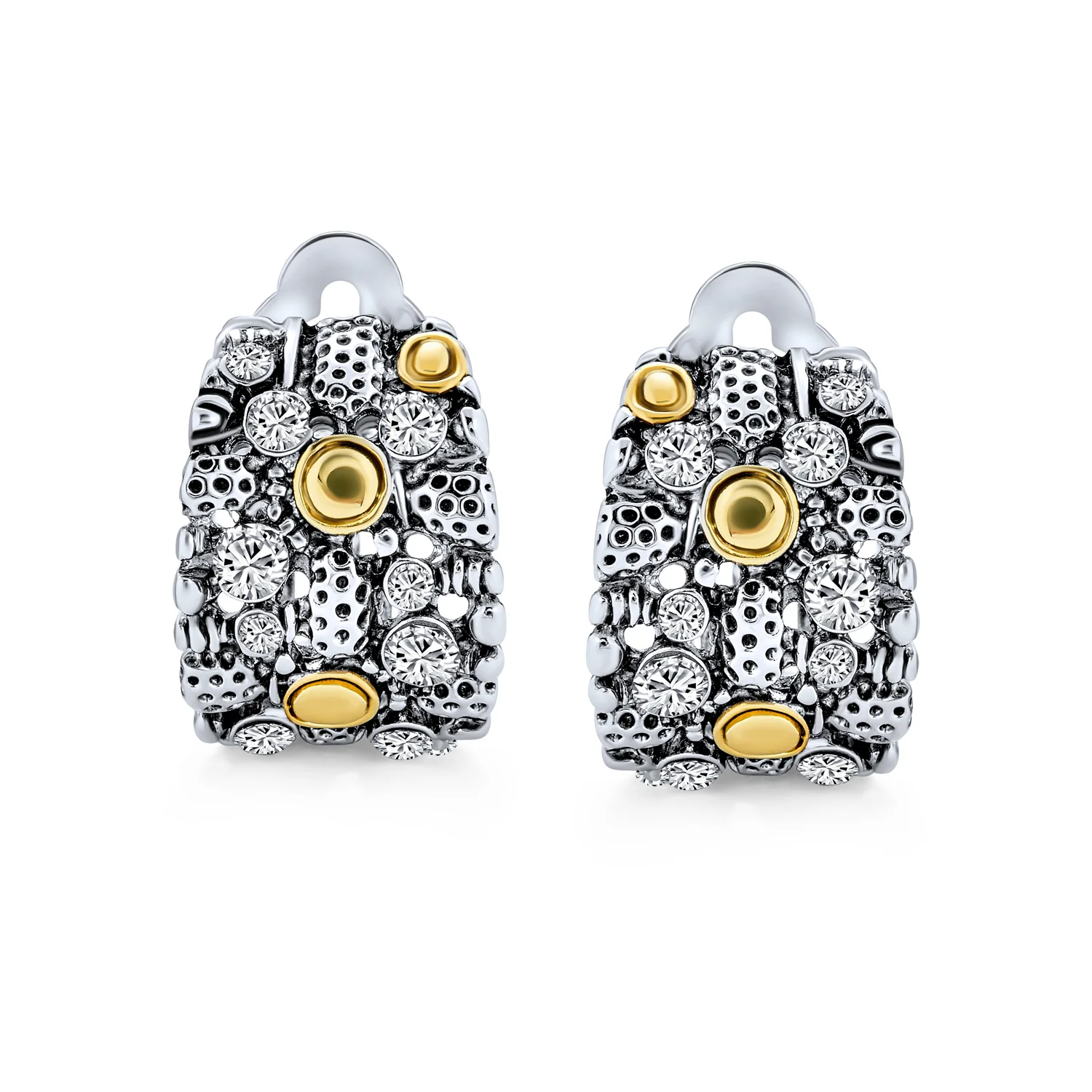 Tri Tone Steampunk Half Hoop Clip-On Earrings Non-Pierced Ears Silver & Gold - Image 2