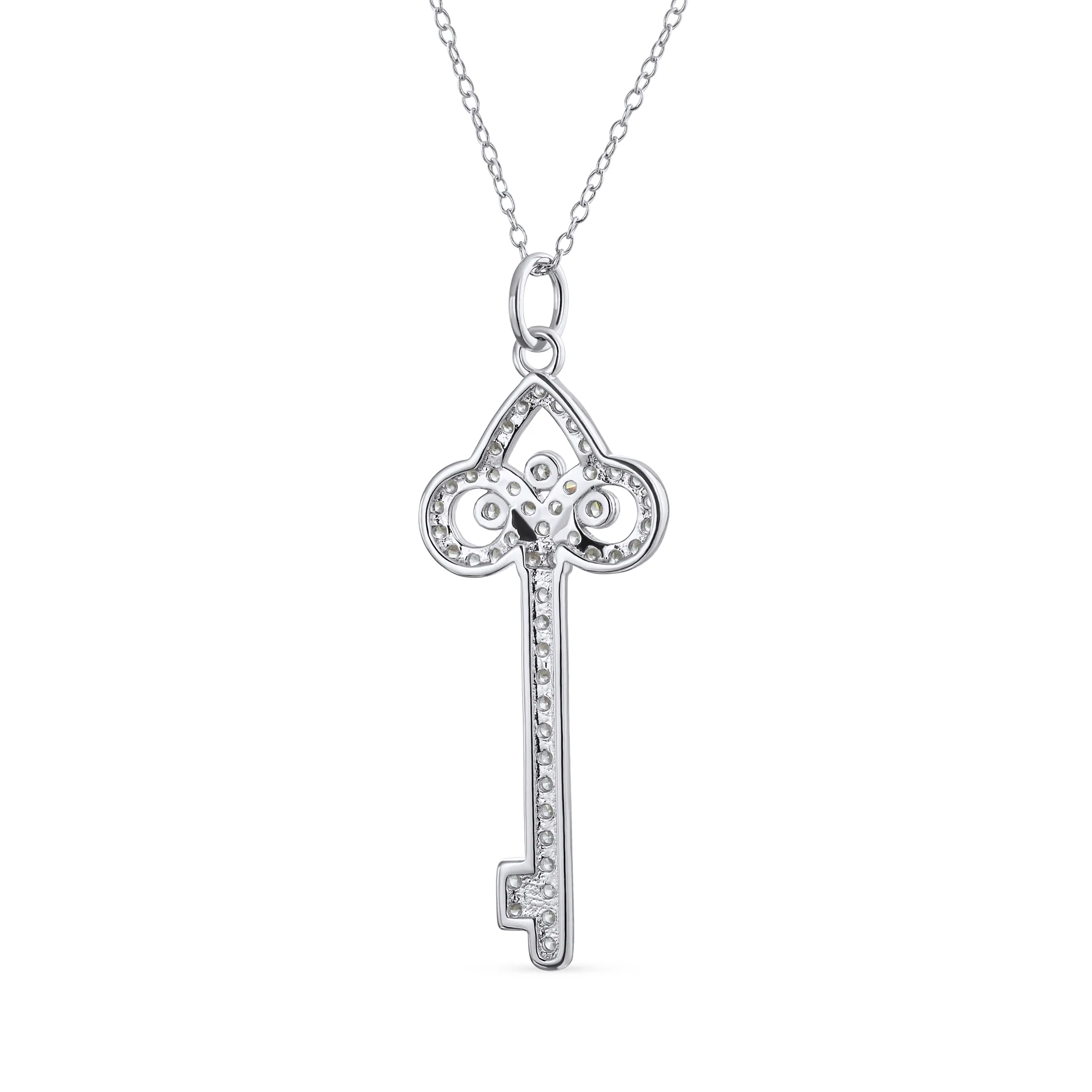 Sterling Silver Fleur De Lis Key Pendant Necklace with Pave Cubic Zirconia - Image 2