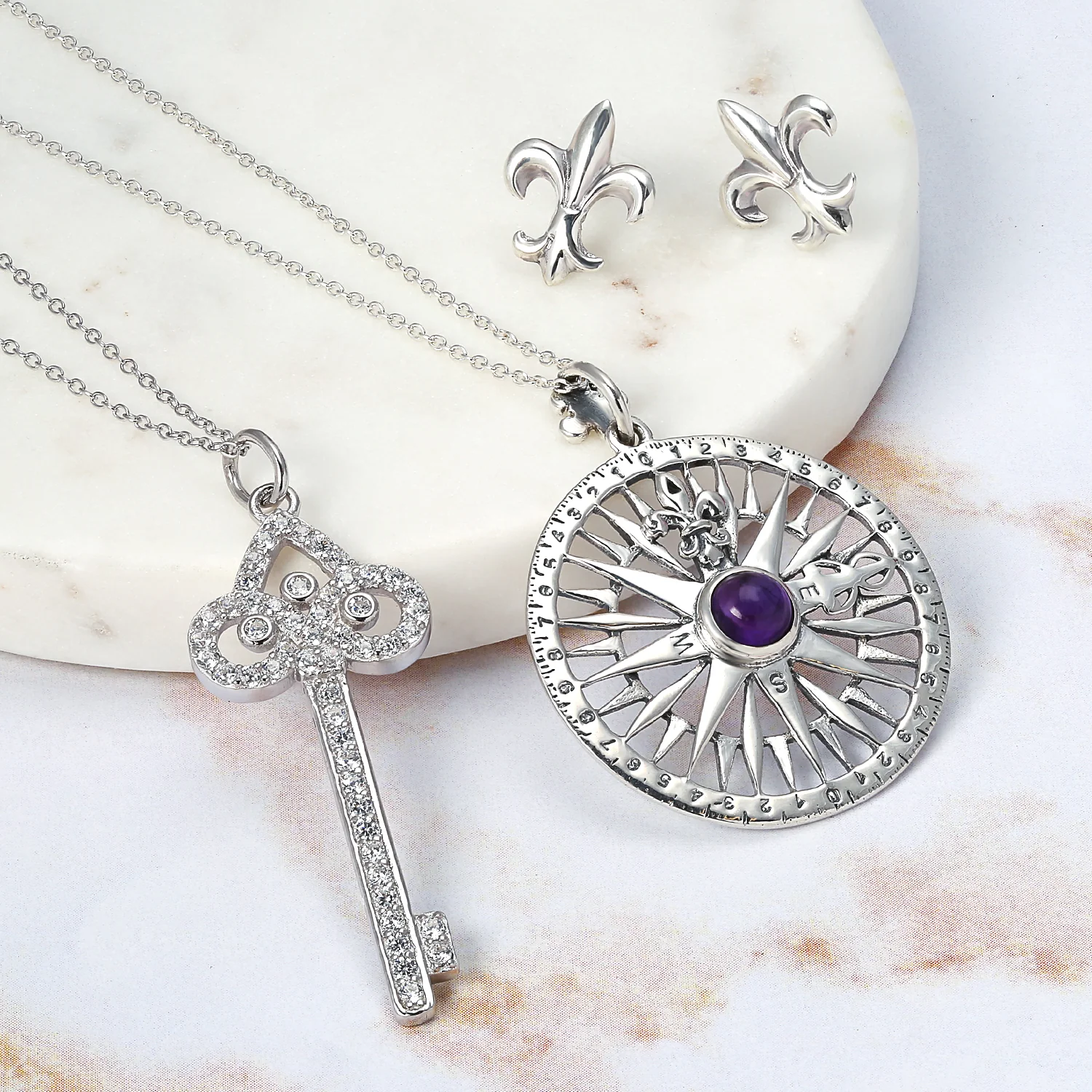Sterling Silver Fleur De Lis Key Pendant Necklace with Pave Cubic Zirconia - Image 5