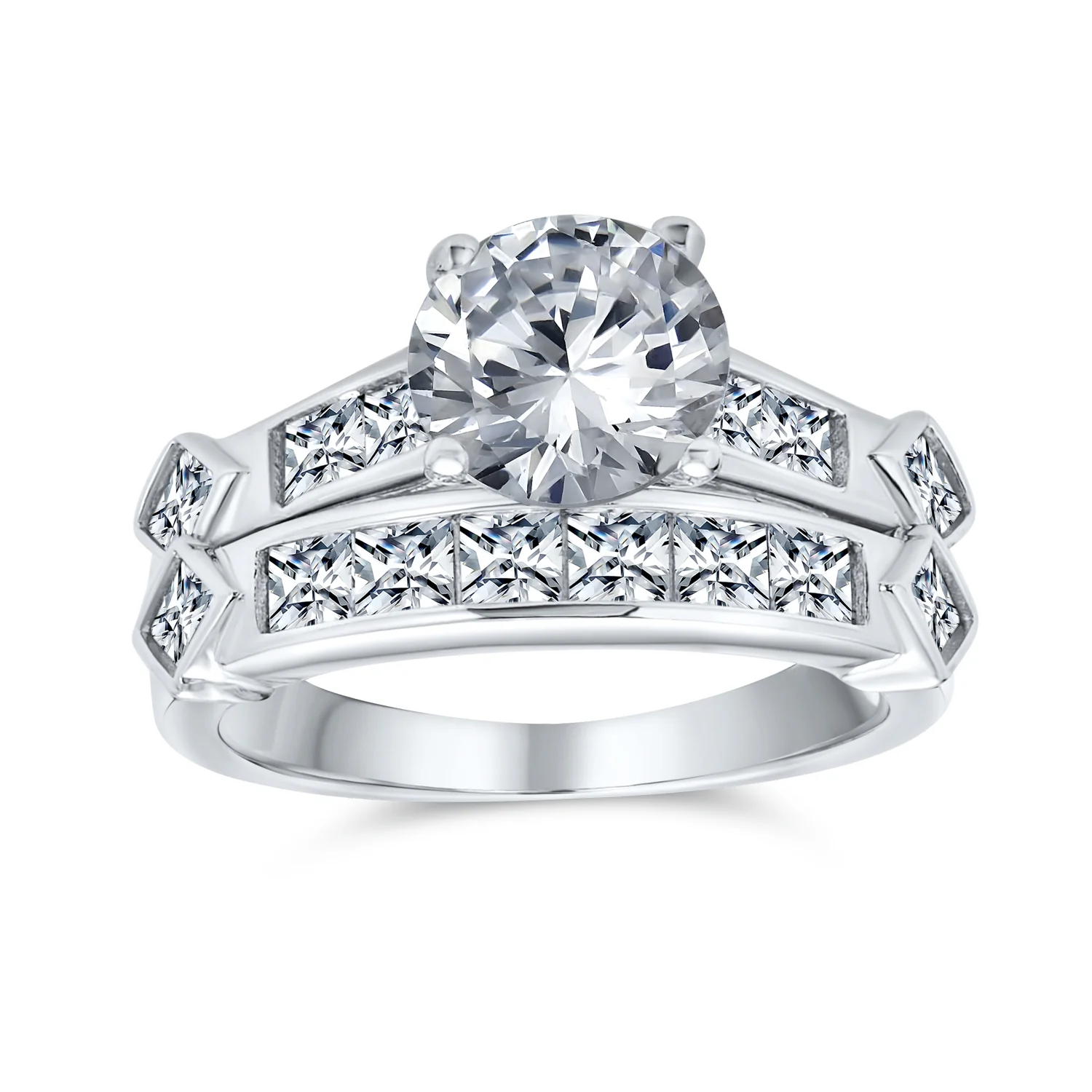 Art Deco Style CZ 3CT Cubic Zirconia Solitaire Engagement Ring Set & Band .925 Sterling Silver