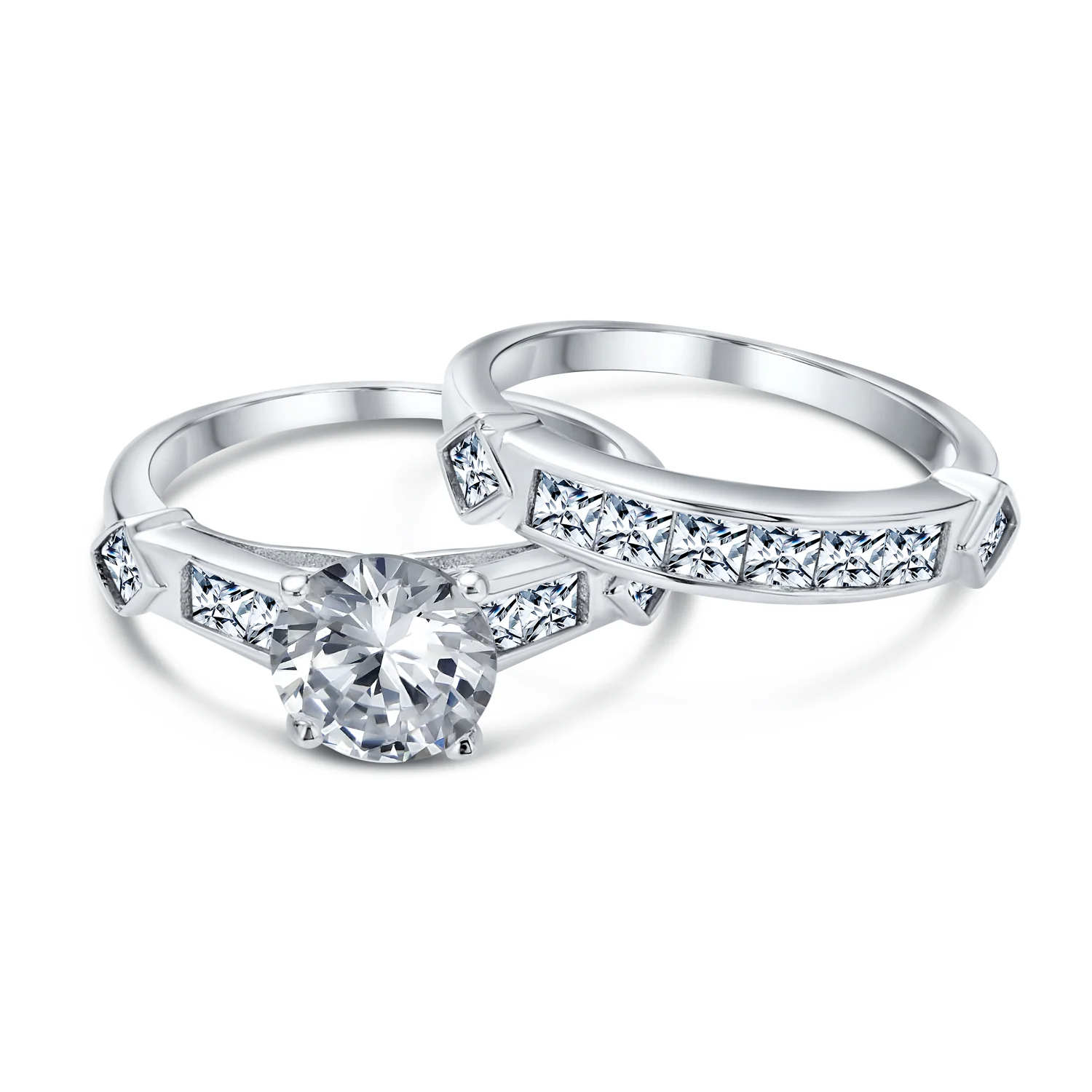 Art Deco Style CZ 3CT Cubic Zirconia Solitaire Engagement Ring Set & Band .925 Sterling Silver - Image 2