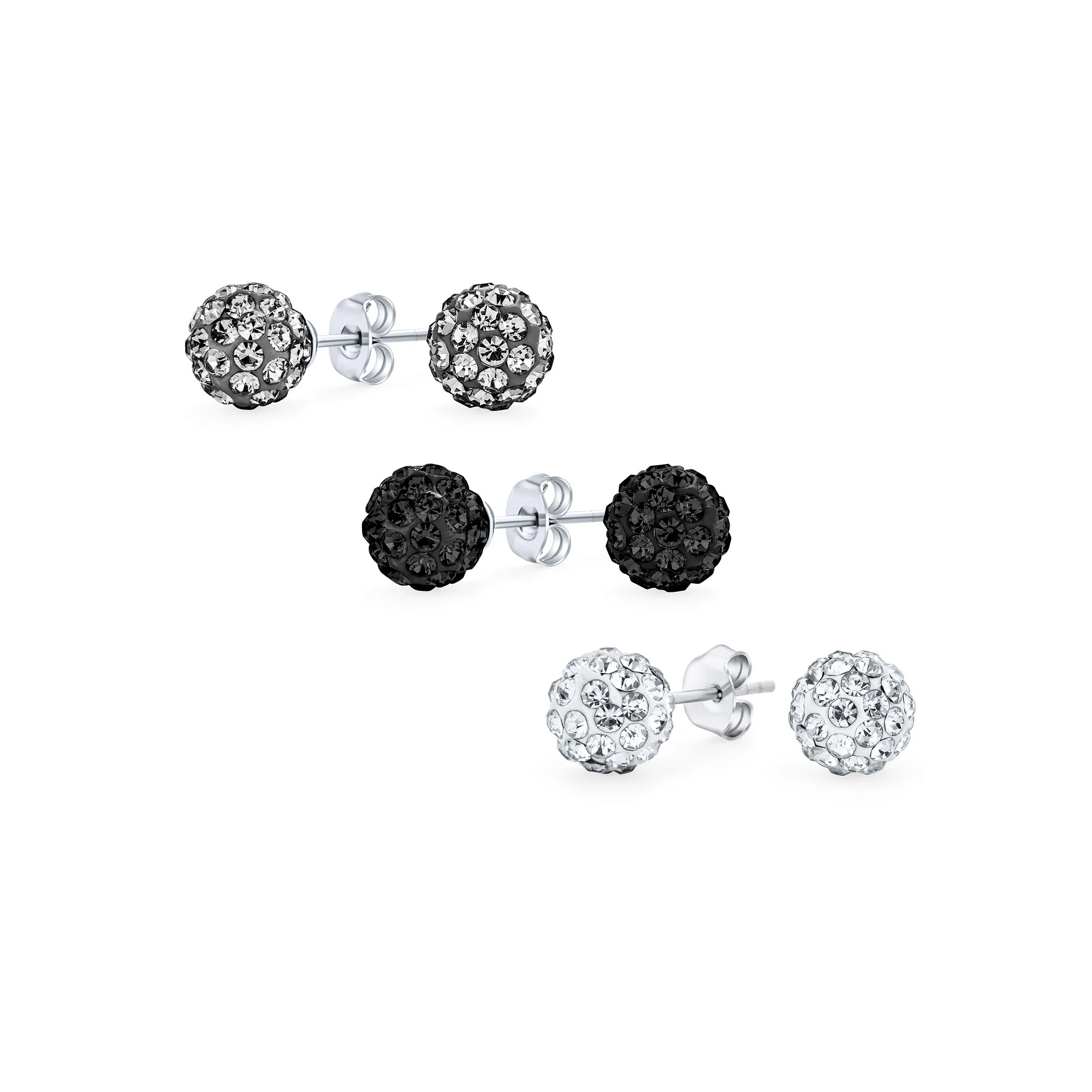 Set of 3 Red Black Clear Crystals Ball Stud Earrings Sterling Silver Post - Image 4