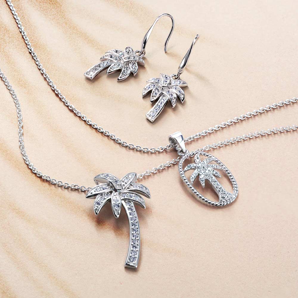 Sterling Silver Palm Tree Pendant Necklace with CZ 16in - Image 4