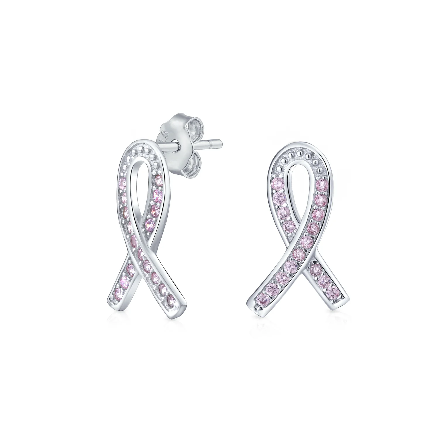 Strength & Hope CZ Stud Earrings: Pink Ribbon Cancer Survivor Sterling Silver