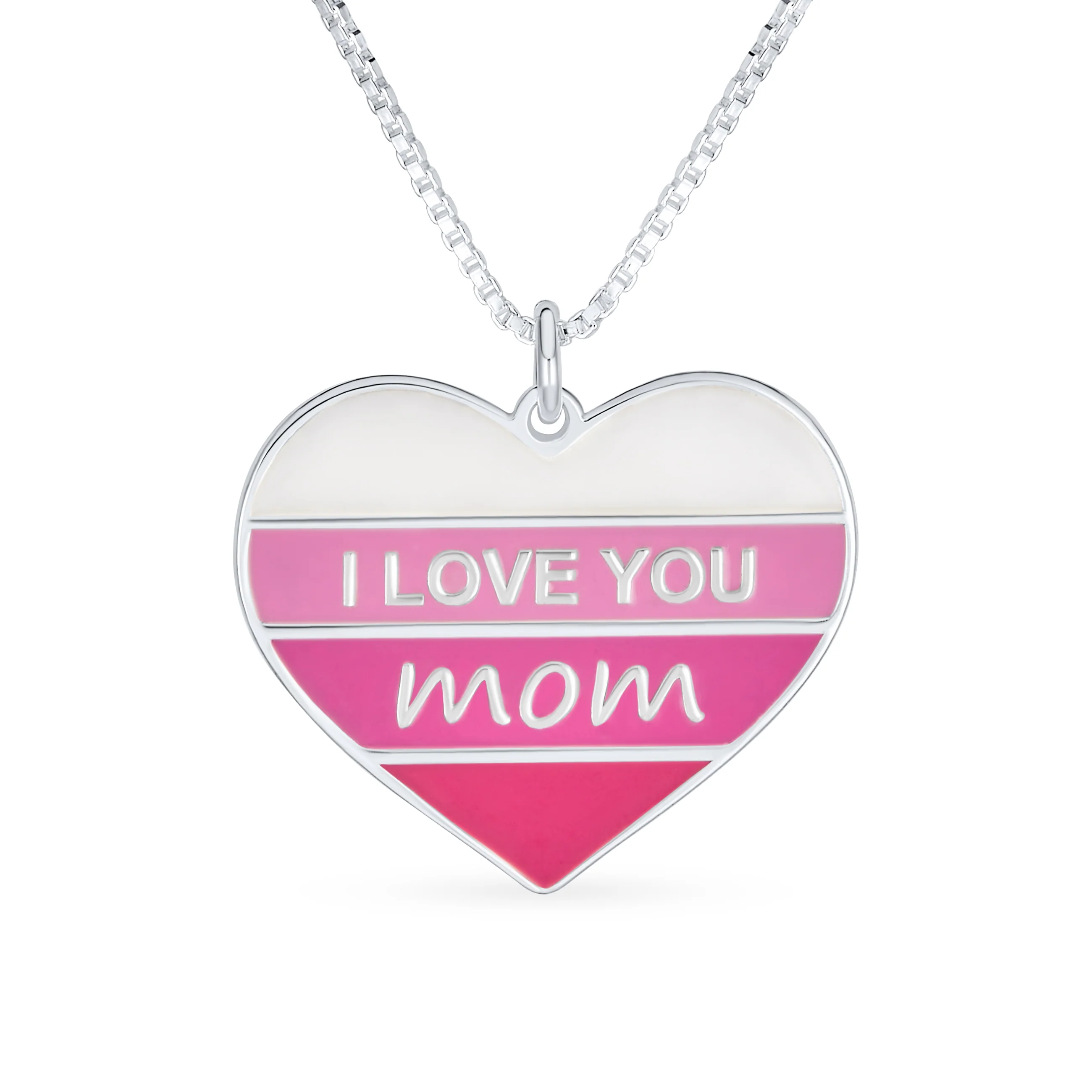 Pink Stripe Heart Words I love You Mom Heart Necklace Pendant .925 Sterling Silver