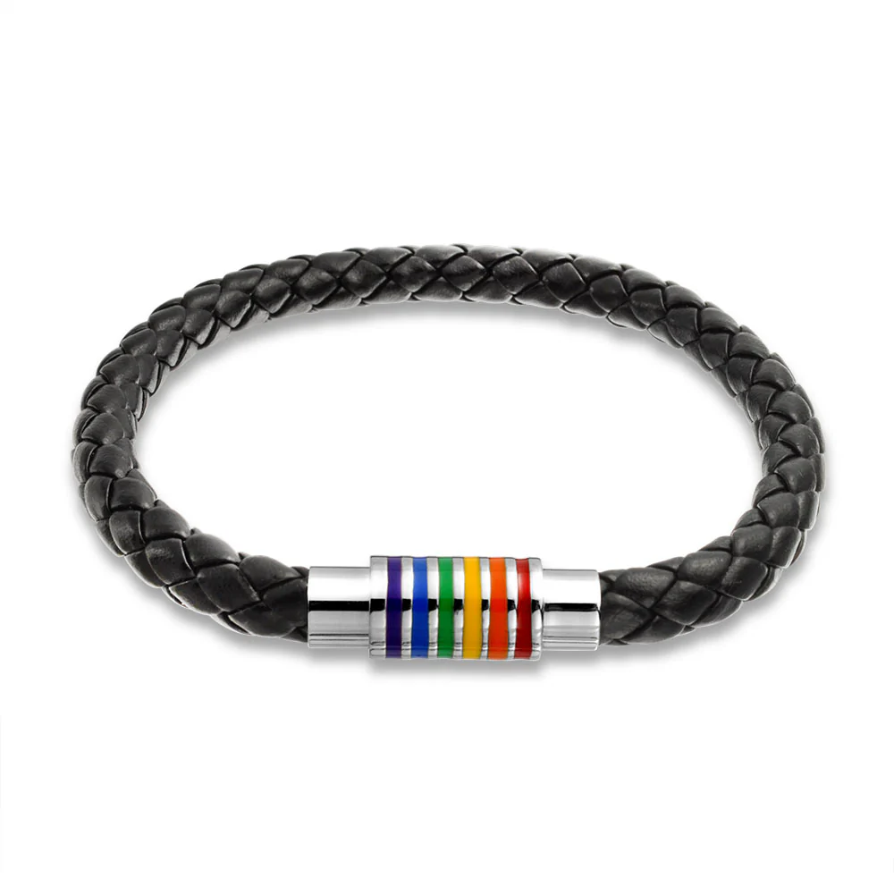 Striped Rainbow Black Braided PU Leather Bracelet Woven Bangle Bracelet Stainless Clasp
