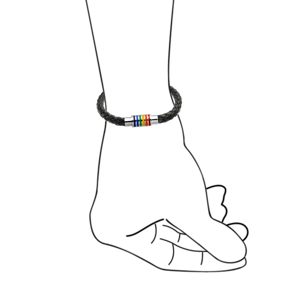 Striped Rainbow Black Braided PU Leather Bracelet Woven Bangle Bracelet Stainless Clasp - Image 3