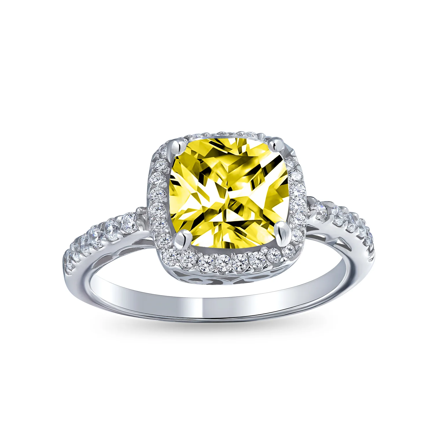 3CT Yellow Cubic Zirconia Halo Solitaire Square Cushion Cut Engagement Ring CZ Band Sterling Silver - Image 3