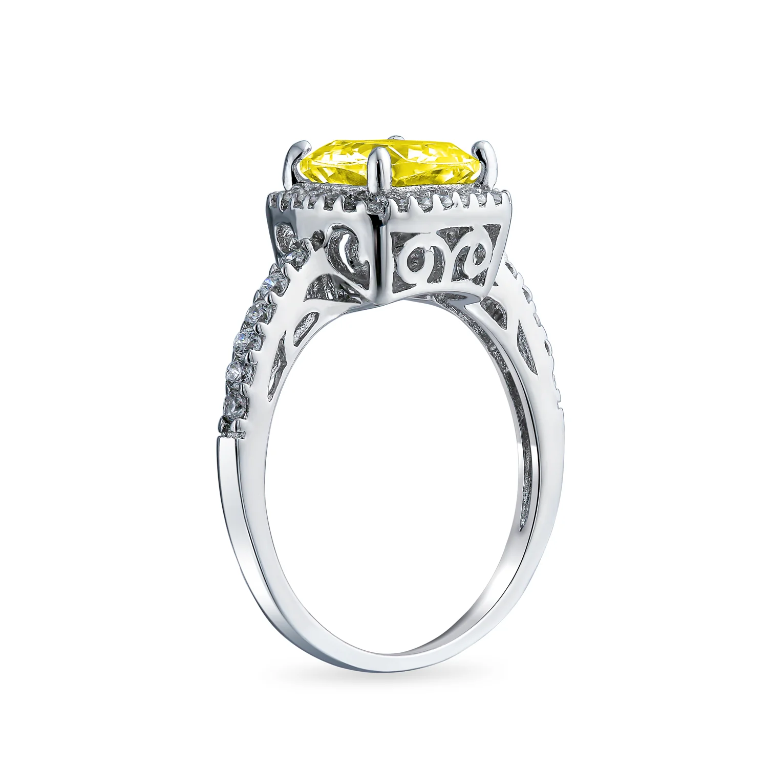 3CT Yellow Cubic Zirconia Halo Solitaire Square Cushion Cut Engagement Ring CZ Band Sterling Silver - Image 6