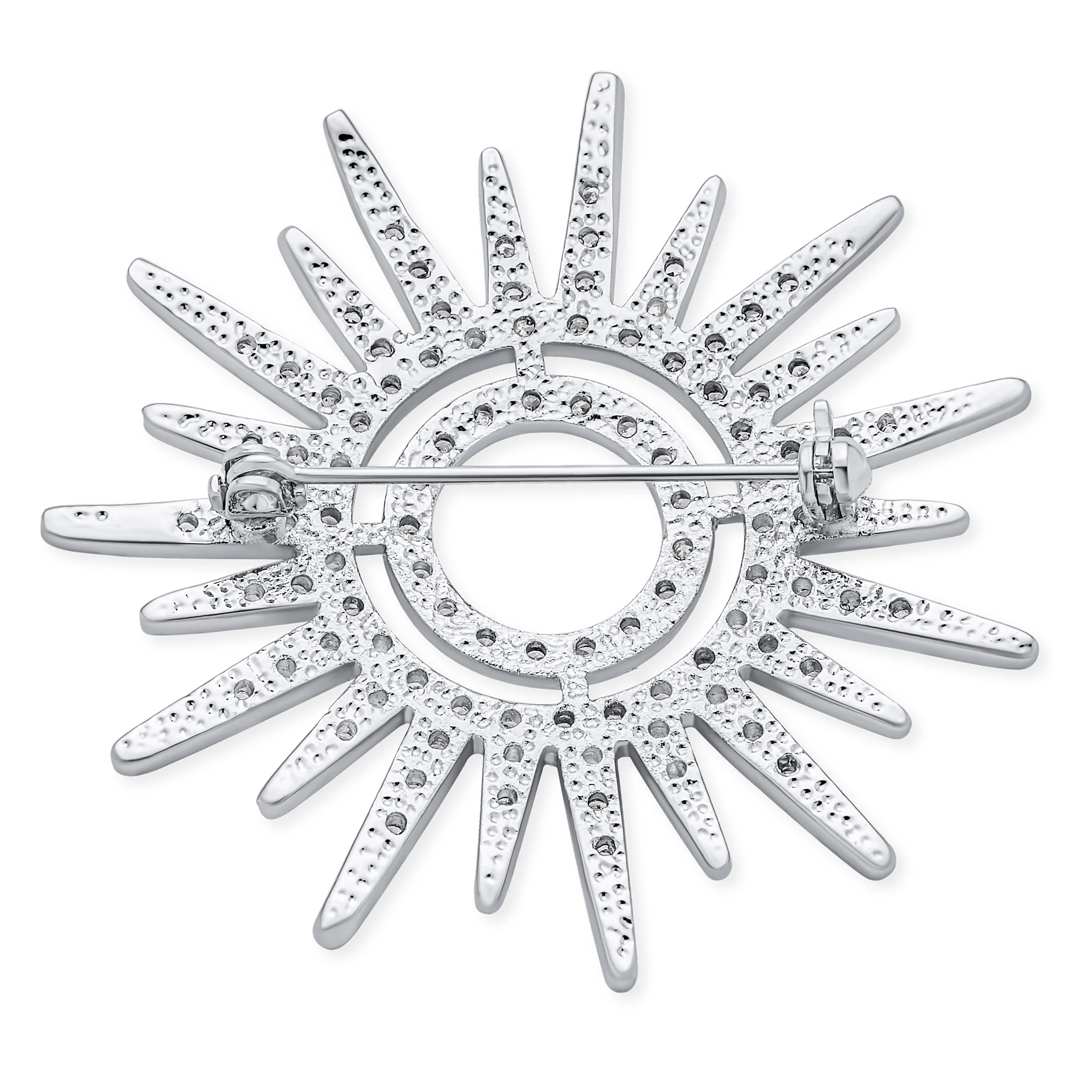 Summer Flaming Sunshine Micro Pave CZ Starburst Brooche Pin Silver Plated - Image 2