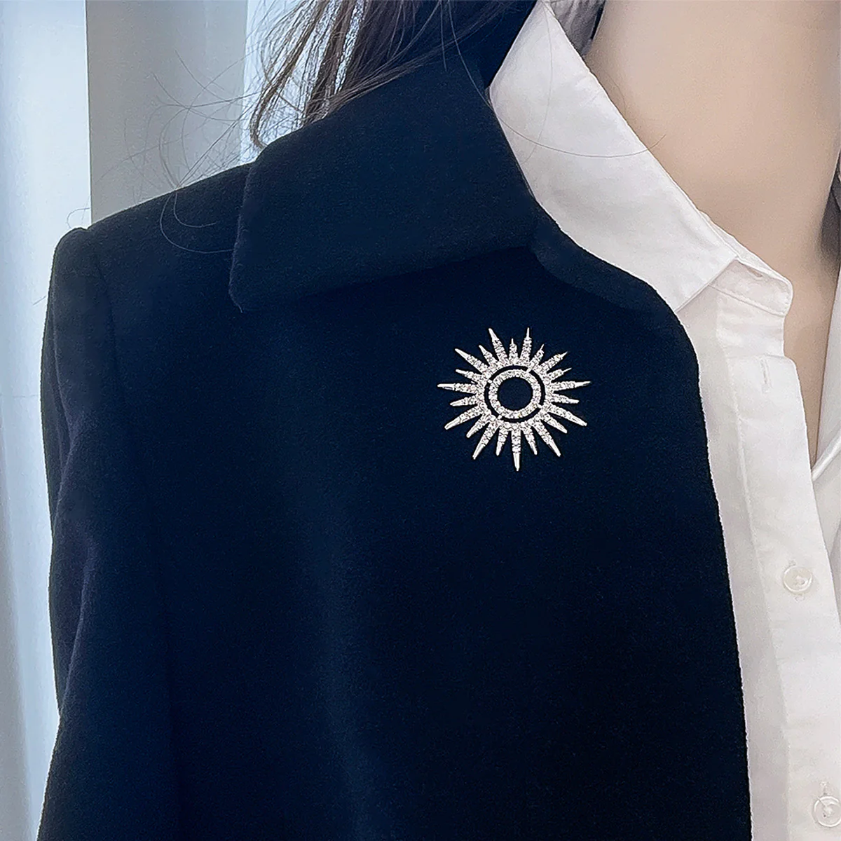 Summer Flaming Sunshine Micro Pave CZ Starburst Brooche Pin Silver Plated - Image 5