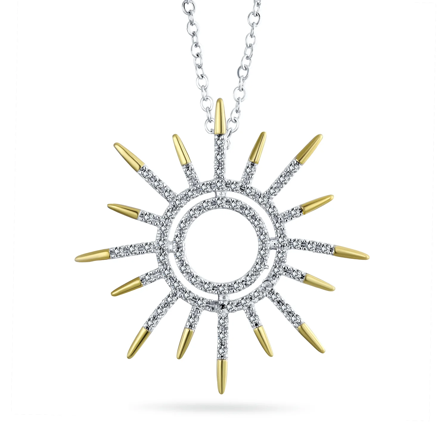 Summer Flaming Sunshine Starburst Micro Pave CZ Pendant Necklace Gold Plated