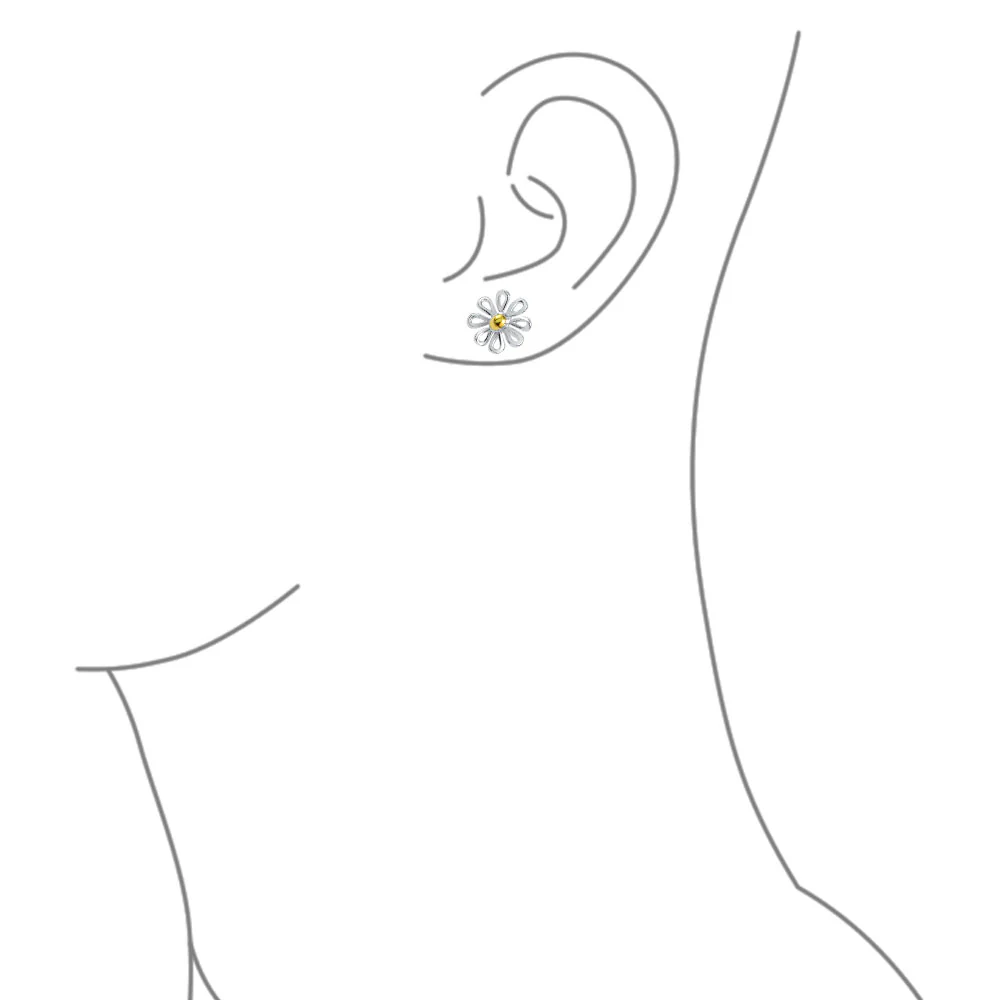 Spring Flower Daisy Stud Earring Two Tone Yellow Gold Plated .925 Sterling Silver - Image 4