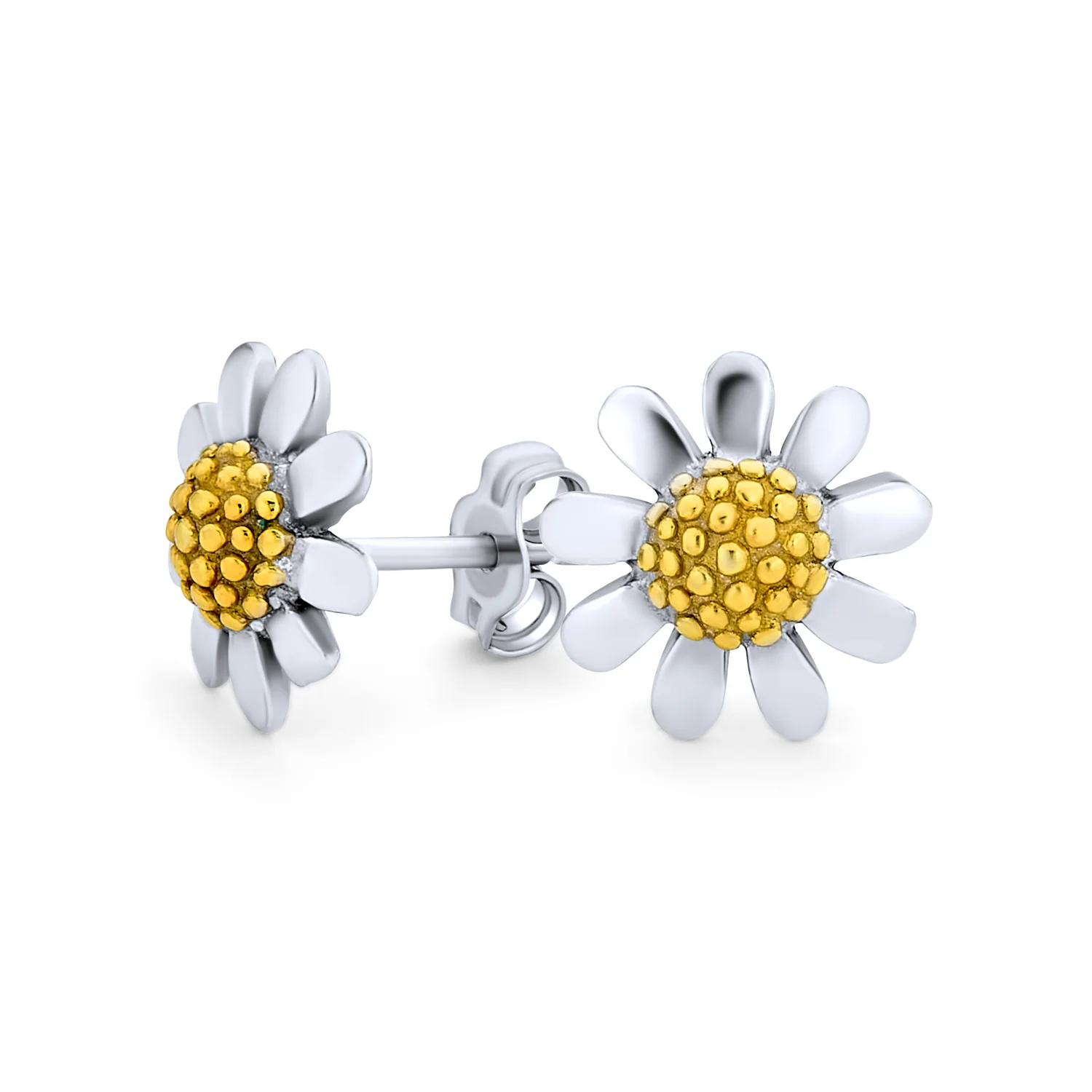 Spring Flower Daisy Stud Earring Two Tone Yellow Gold Plated .925 Sterling Silver