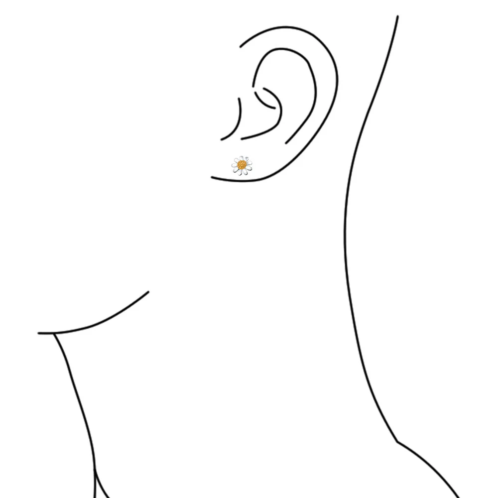 Spring Flower Daisy Stud Earring Two Tone Yellow Gold Plated .925 Sterling Silver - Image 4