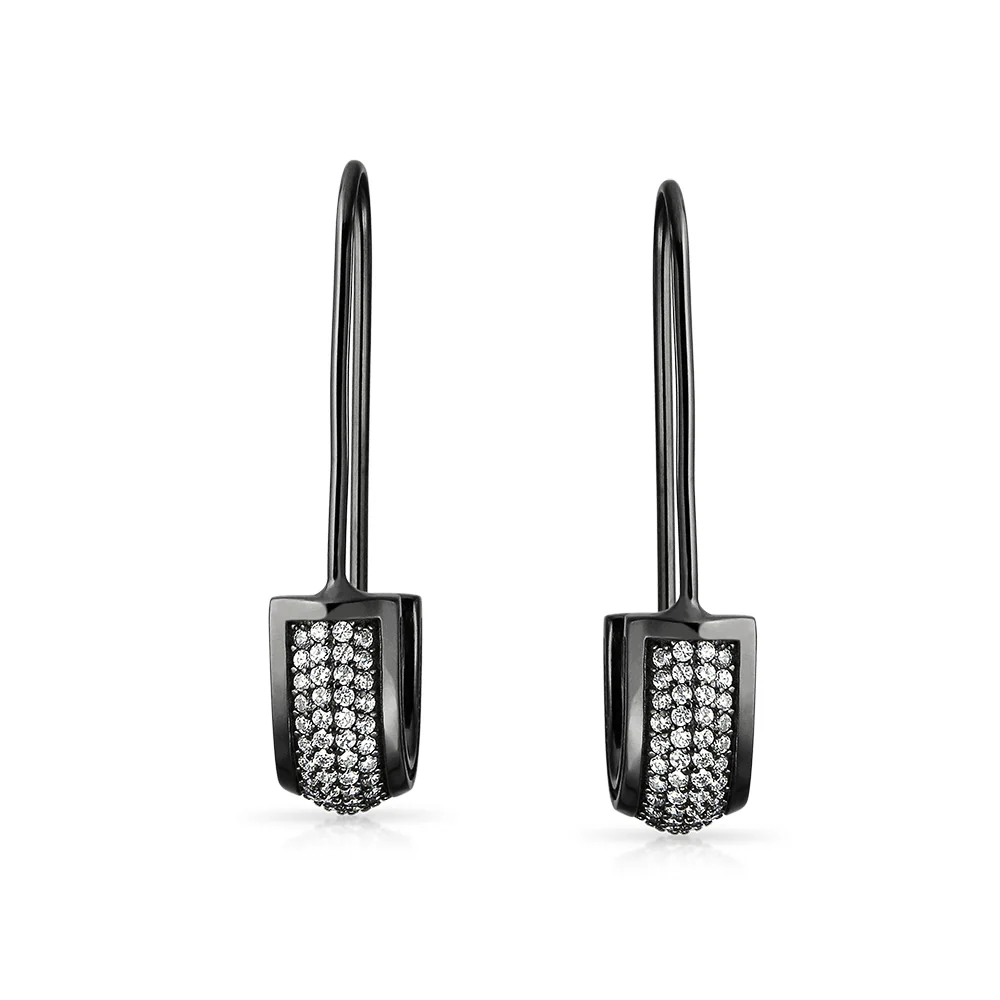 Cubic Zirconia Pave CZ Safety Pin Threader Earrings Black Plated .925 Sterling Silver - Image 3