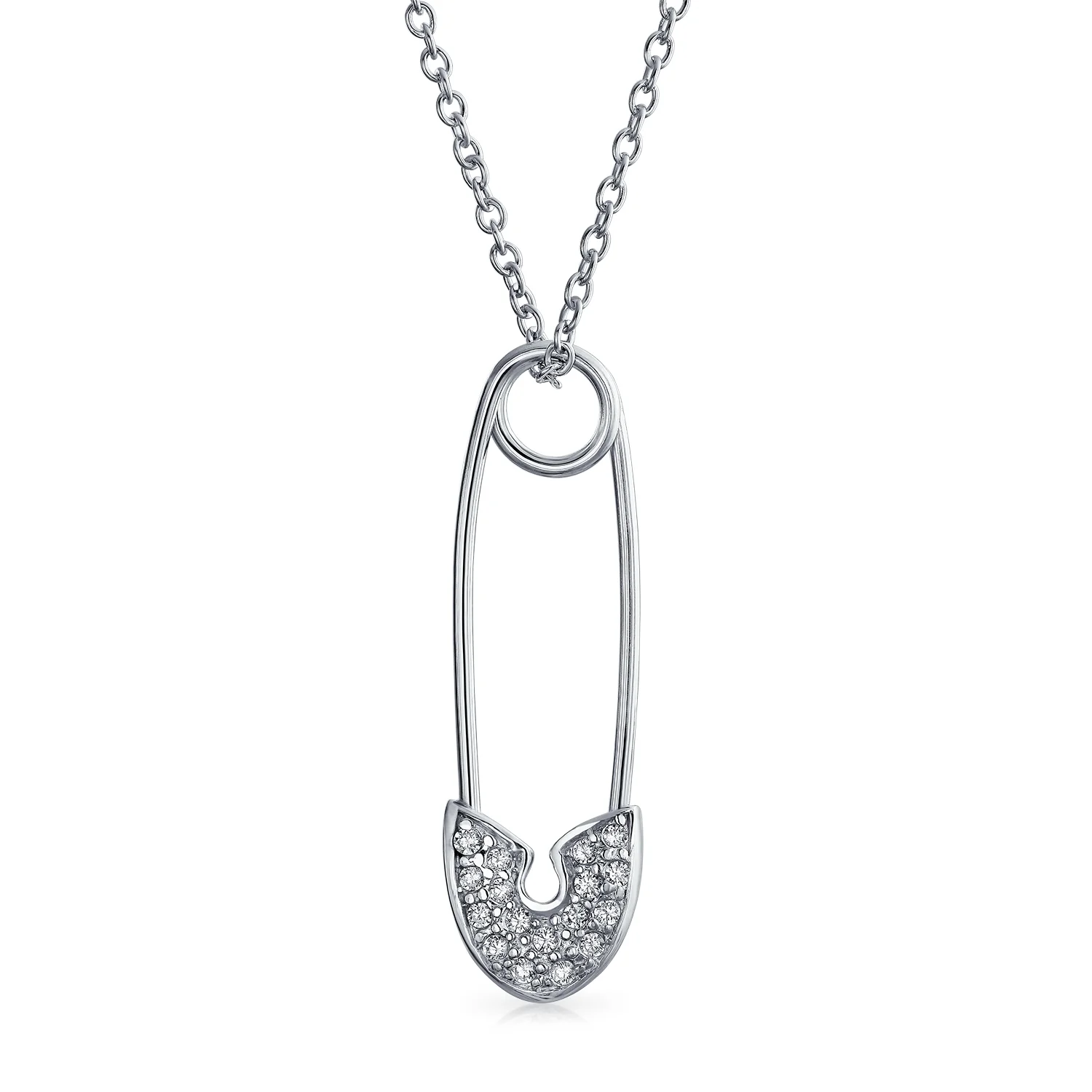 Pave Cubic Zirconia CZ Accent Safety Pin Pendant Necklace .925 Sterling Silver