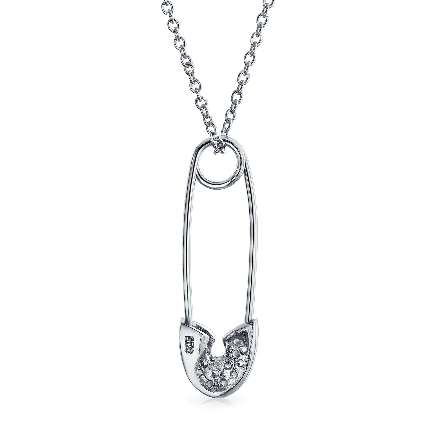 Pave Cubic Zirconia CZ Accent Safety Pin Pendant Necklace .925 Sterling Silver - Image 3