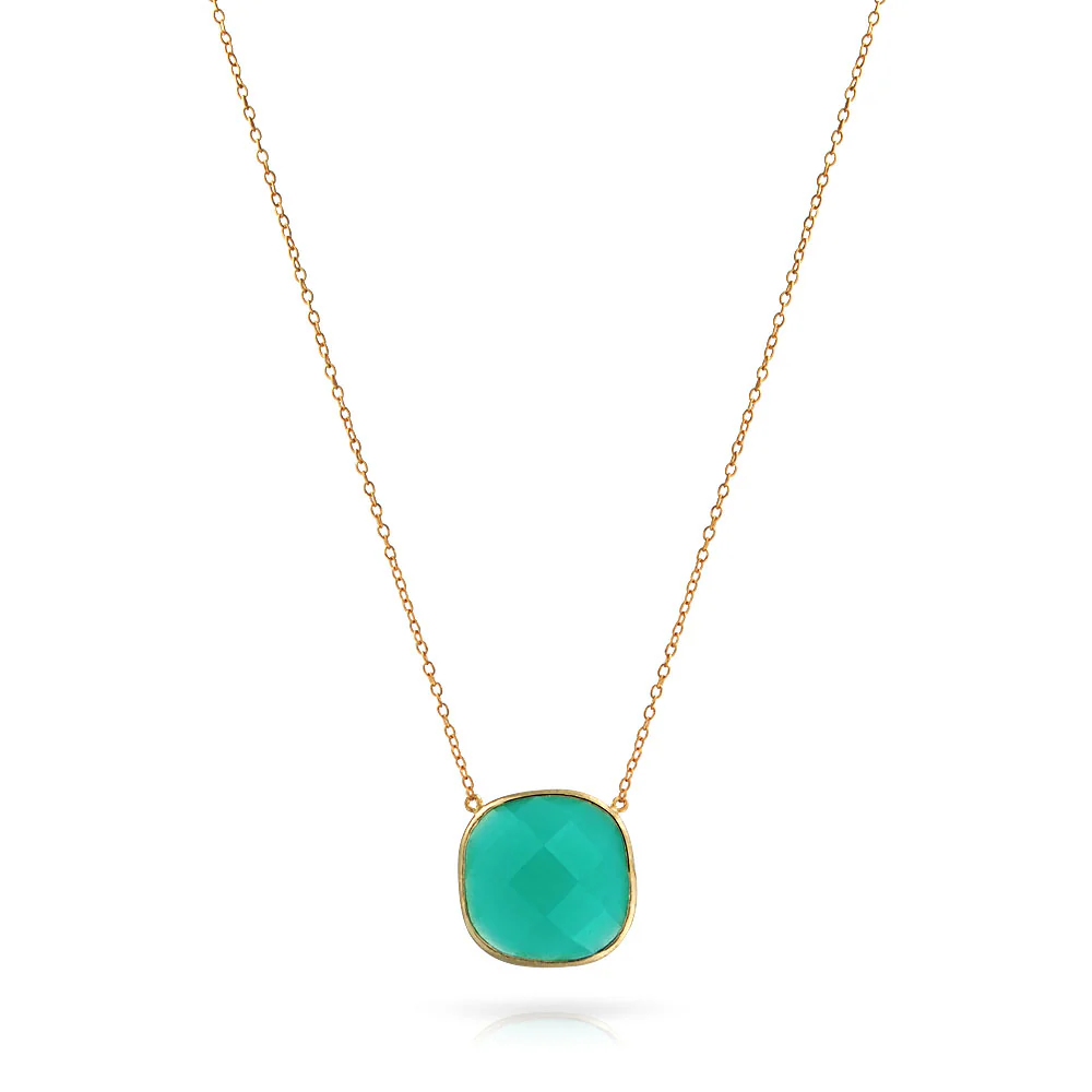 Exquisite Teal Blue-Green Faceted Stone Pendant Necklace 14K Gold-Plated Silver - Image 2