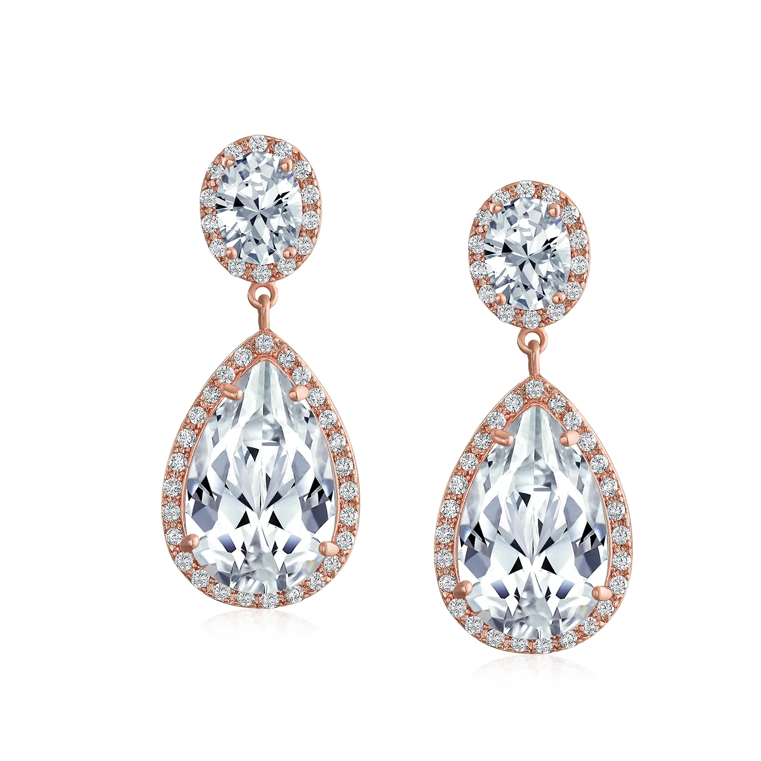 Large Teardrop Pave CZ Halo Statement Dangle Clip On Earrings Gold Plated - Image 5
