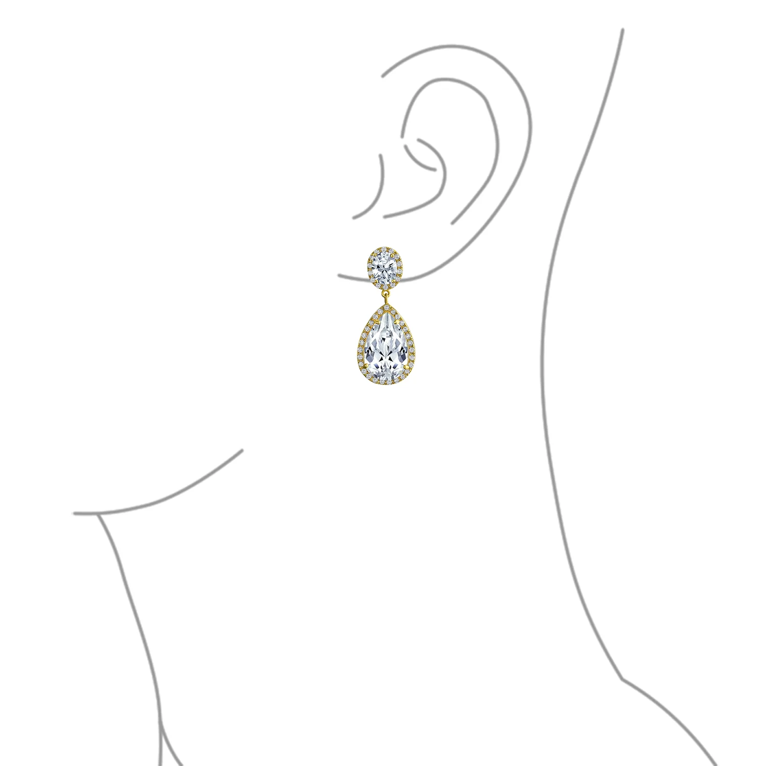 Large Teardrop Pave CZ Halo Statement Dangle Clip On Earrings Gold Plated - Image 7