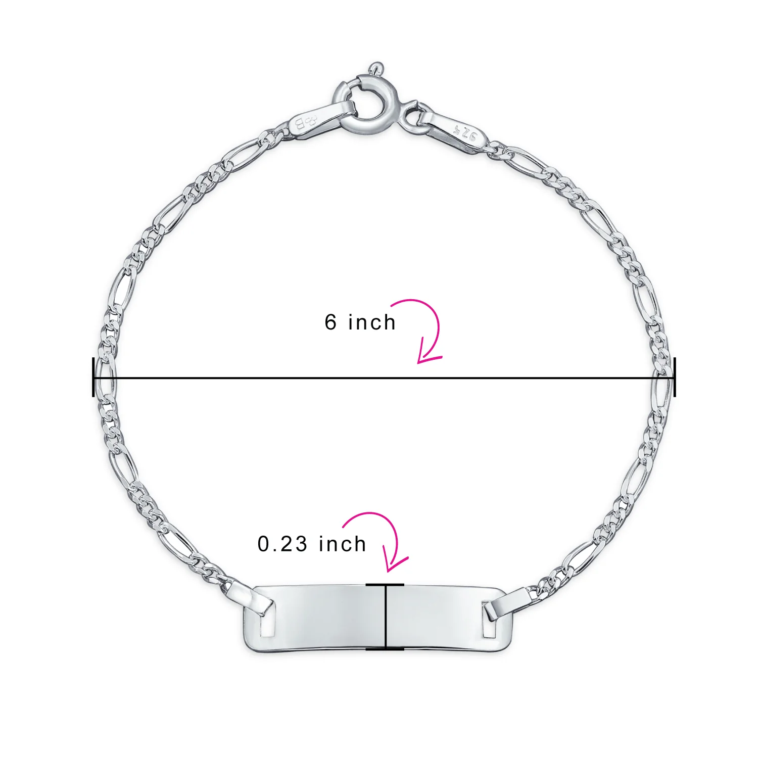 Thin Small Identification ID Name Tag Plate Bracelet Figaro Chain .925 Sterling Silver