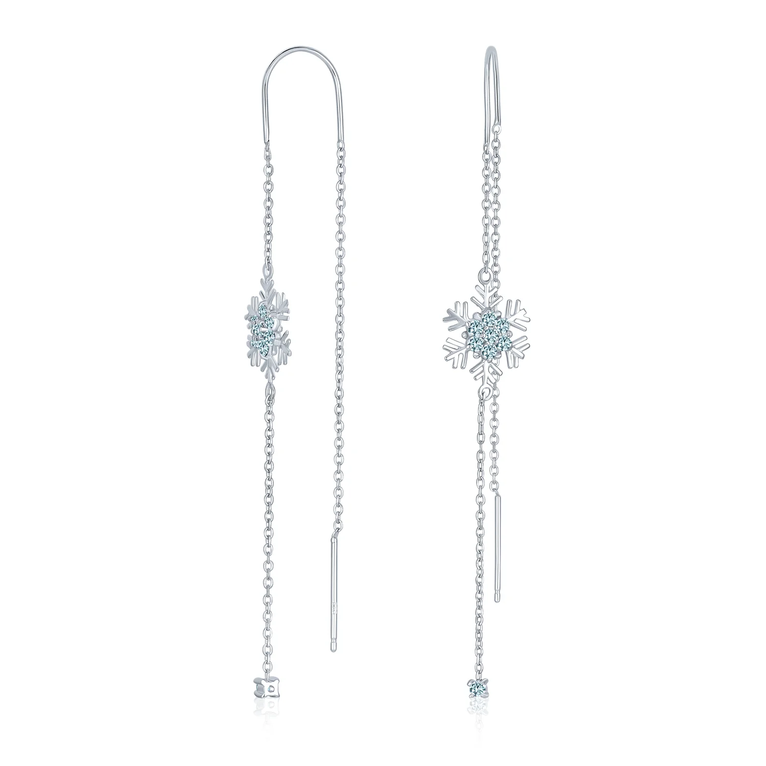 Thin Linear Clear Blue CZ Snowflake Dangle Chandelier Earrings Sterling Silver - Image 2