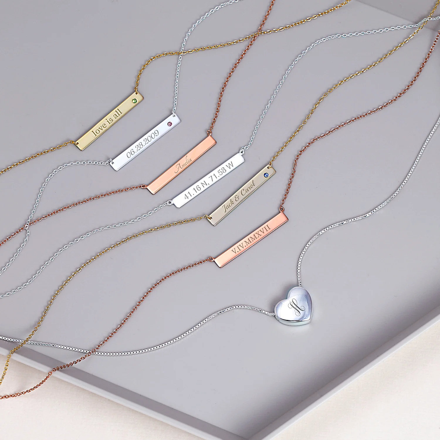 Thin Sideways Bar Name Plate Pendant Necklace with Birth Month Crystal Silver - Image 5