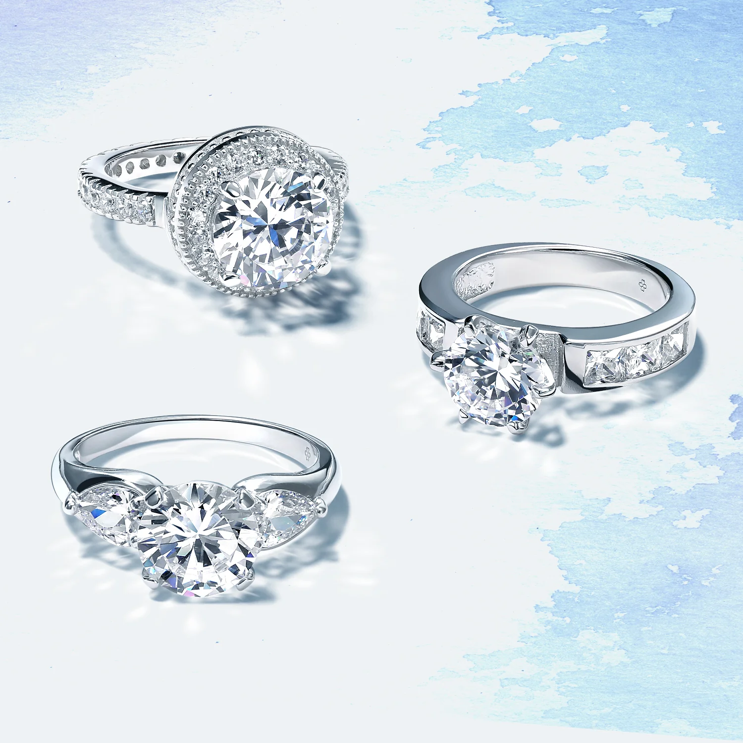 Timeless 3CT CZ Solitaire Round Engagement Ring with Trillion Side Stones Silver - Image 4