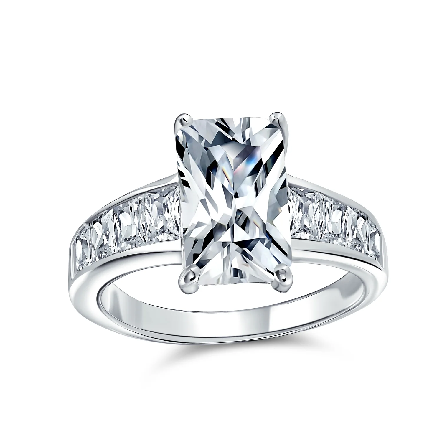 Classic Cubic Zirconia 4CT Emerald Cut Solitaire Engagement Ring CZ Baguette Band Sterling Silver - Image 3
