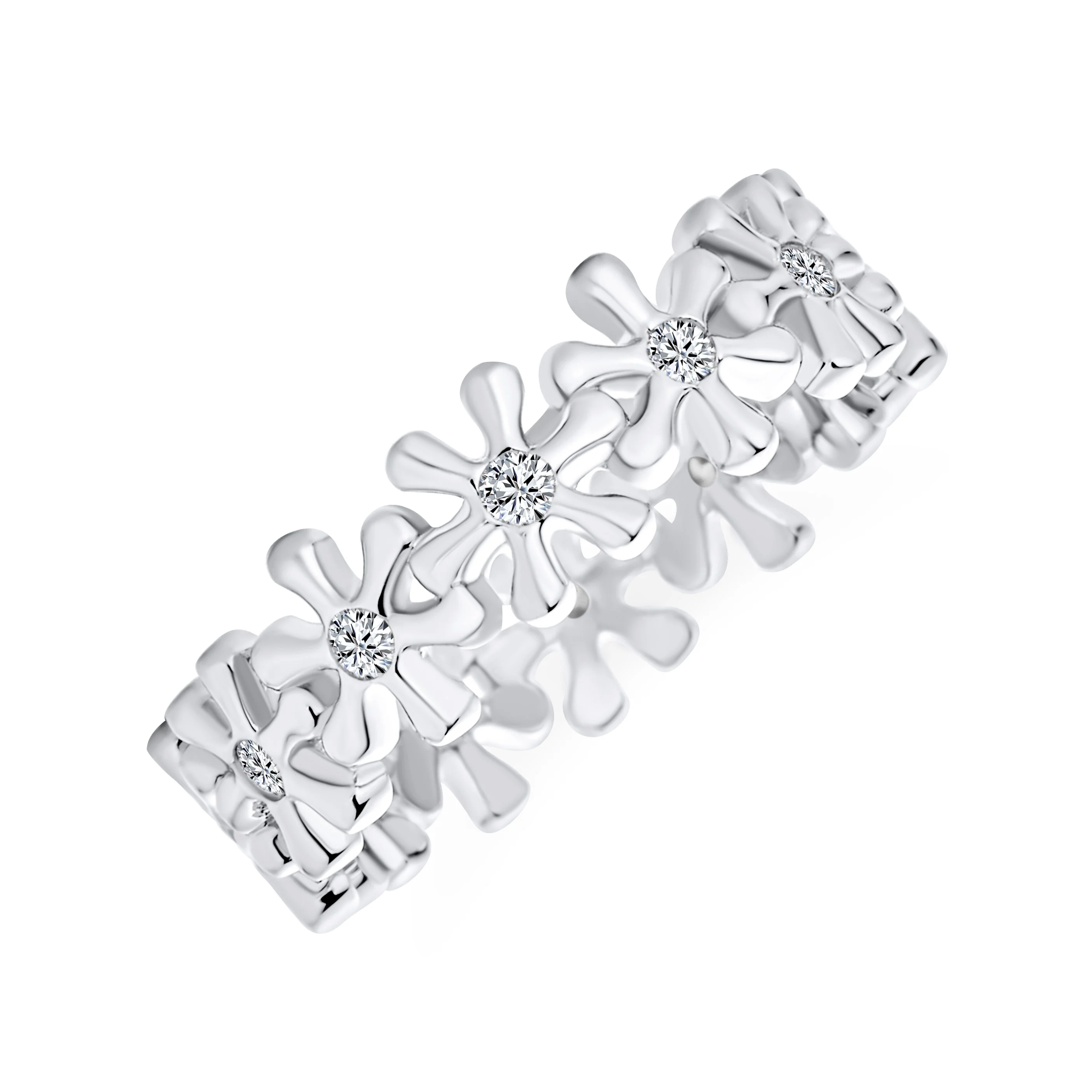 Feminine Romantic Cubic Zirconia CZ Eternity Band Flower Ring Sterling Silver