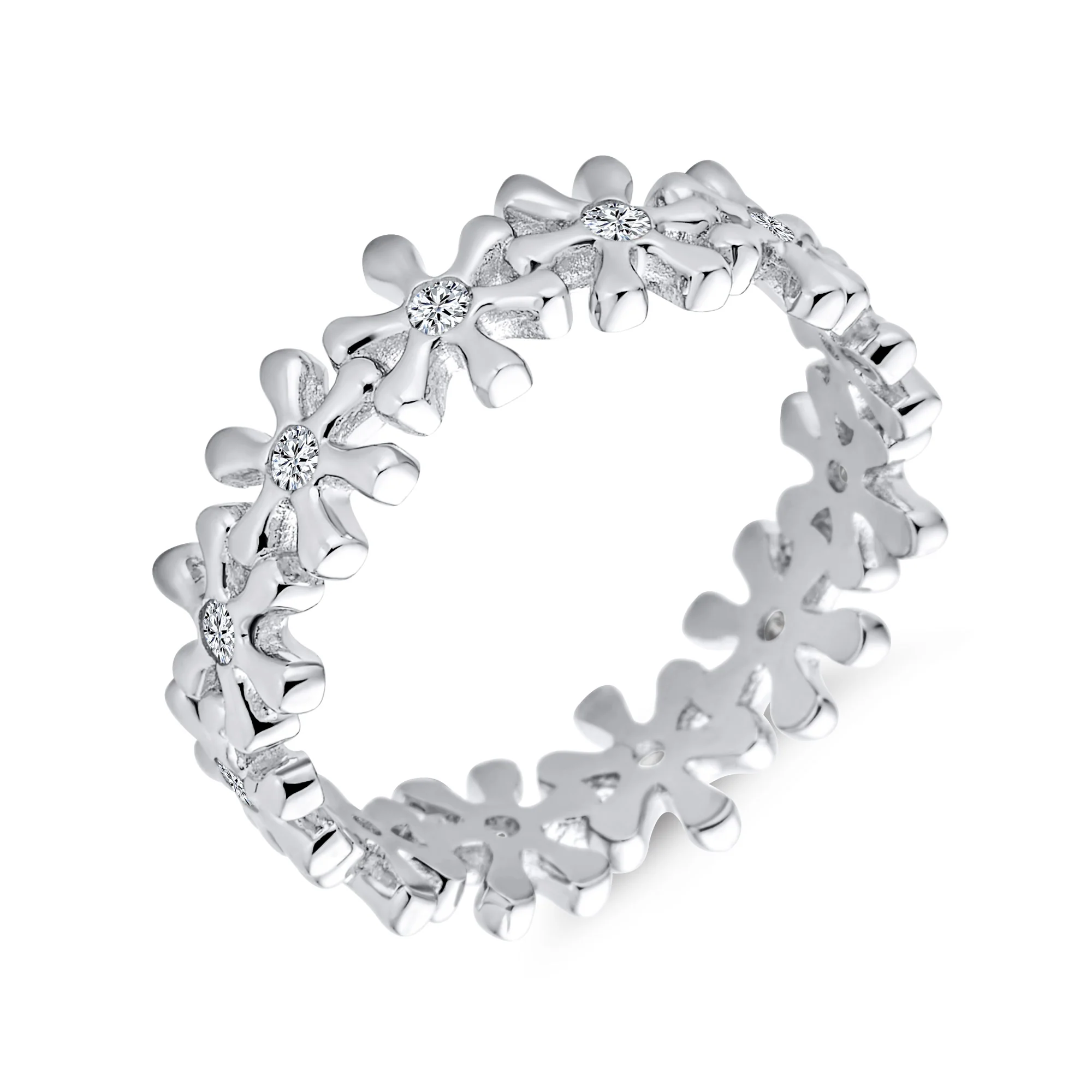 Feminine Romantic Cubic Zirconia CZ Eternity Band Flower Ring Sterling Silver - Image 2