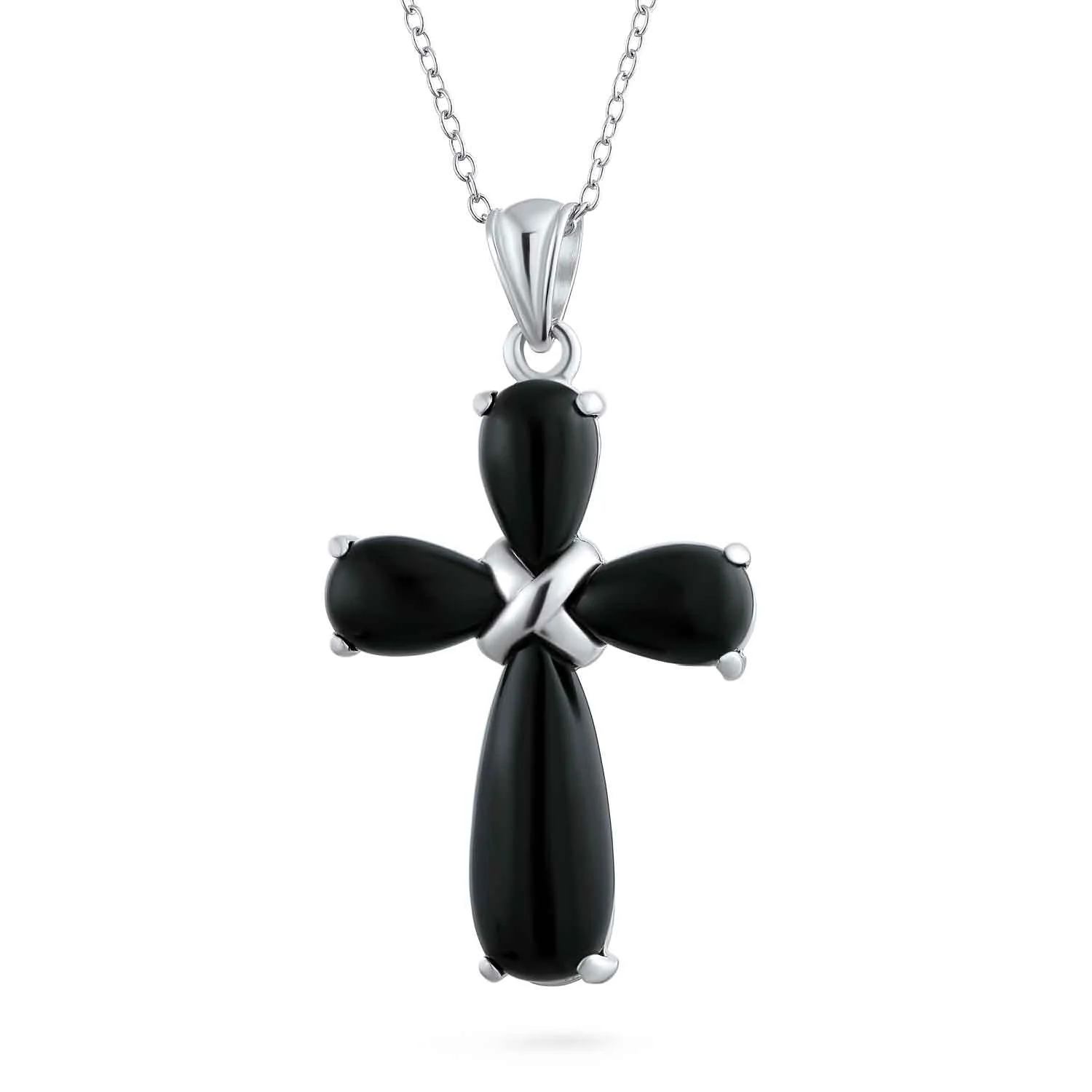 Timeless Fashion Black Onyx Green Jade Cross Pendant Necklace in Sterling Silver - Image 2