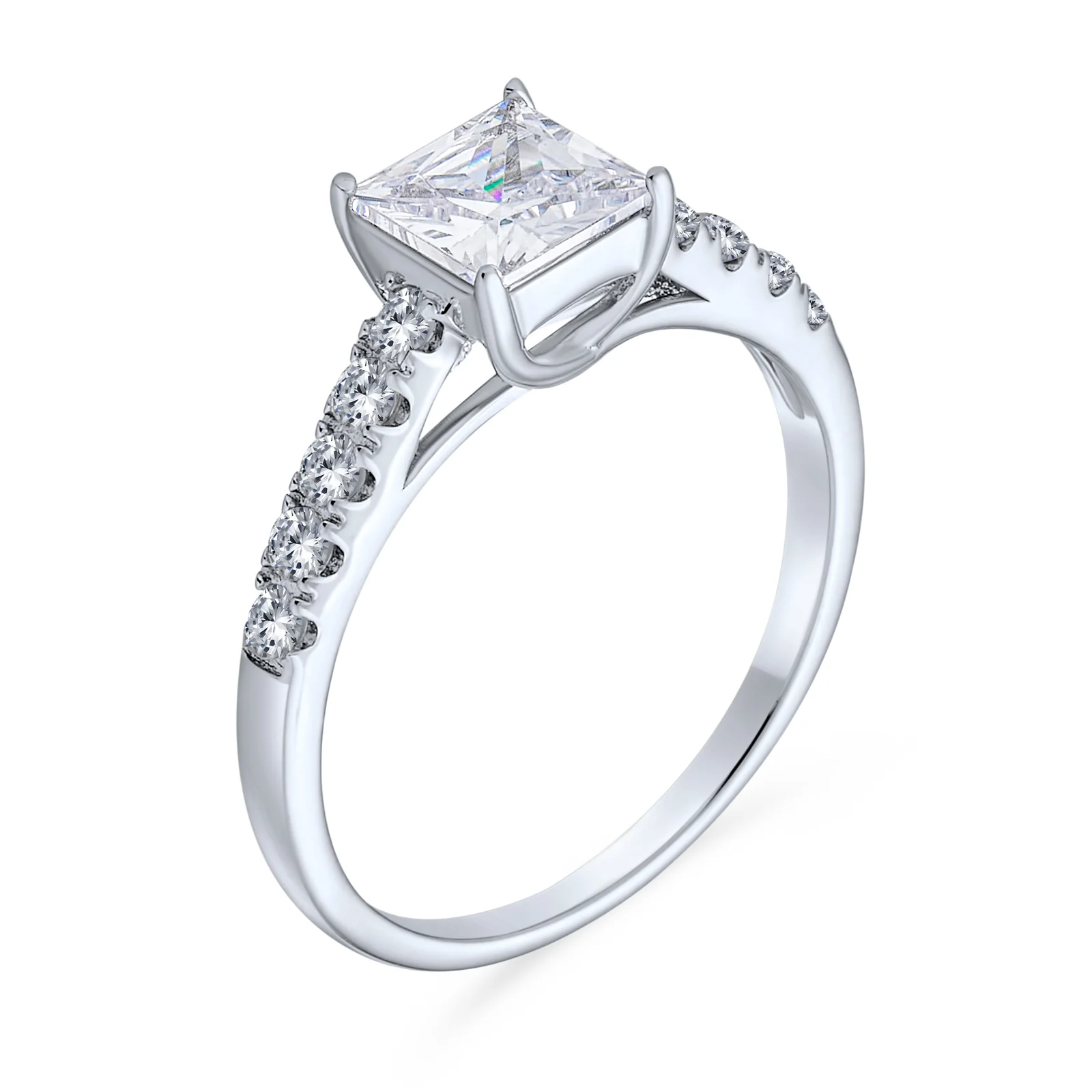Classic 1.5CT CZ Princess Cut Solitaire Engagement Ring .925 Sterling Silver Pave Band - Image 2