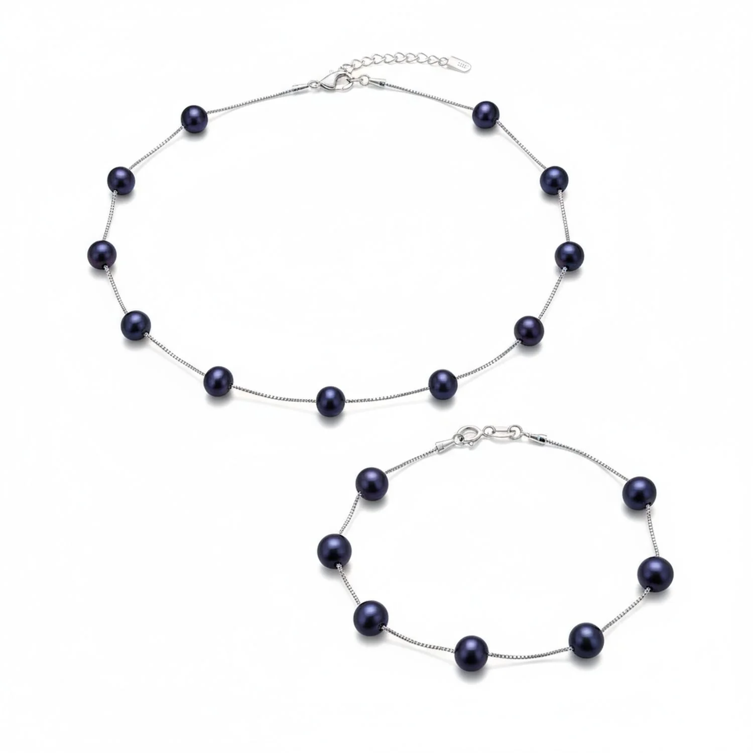 Black Freshwater Cultured Pearl Tin Cup Necklace & Bracelet Set Sterling Silver