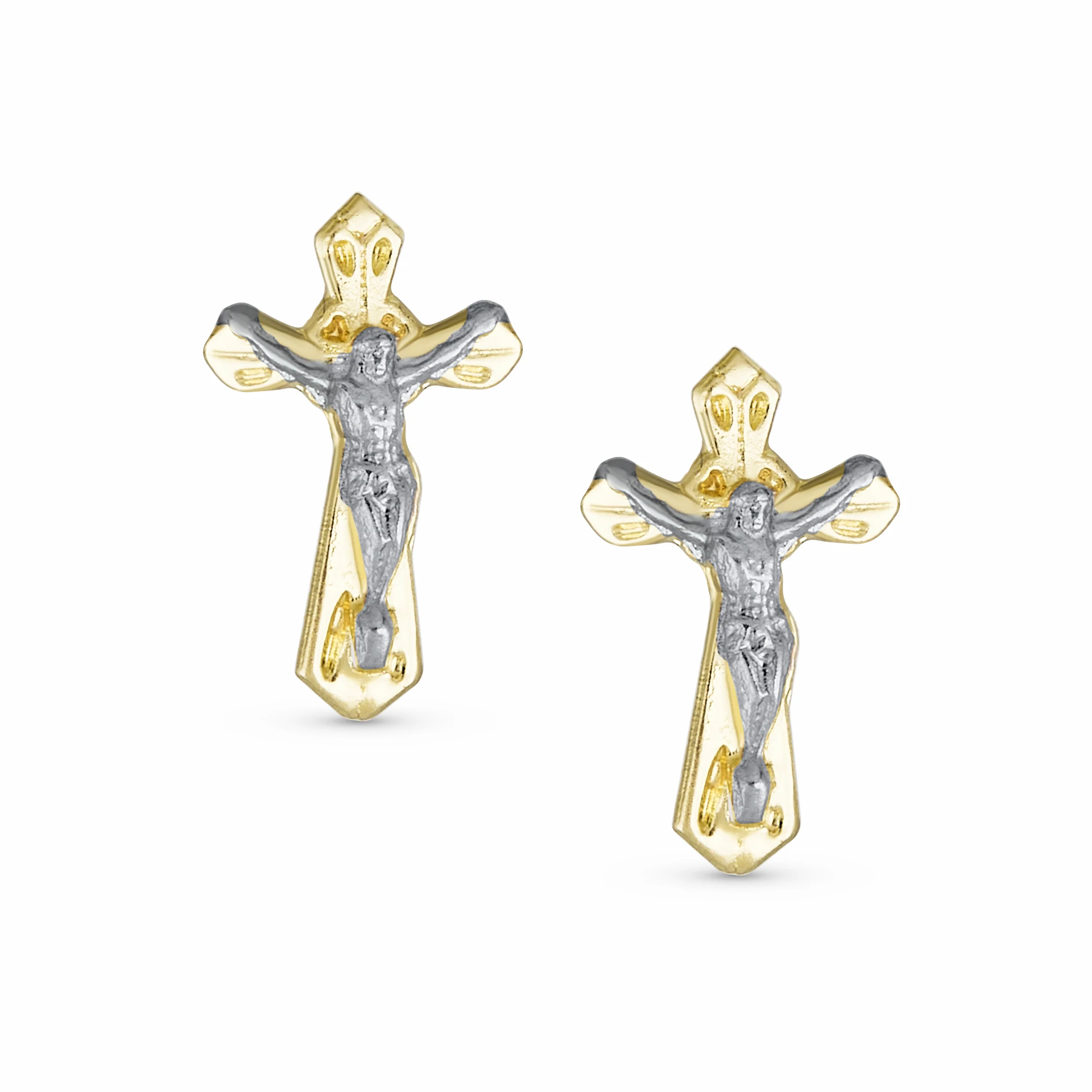 Christian Jesus Crucifix 14K Gold Stud Earrings Screwback - Image 2