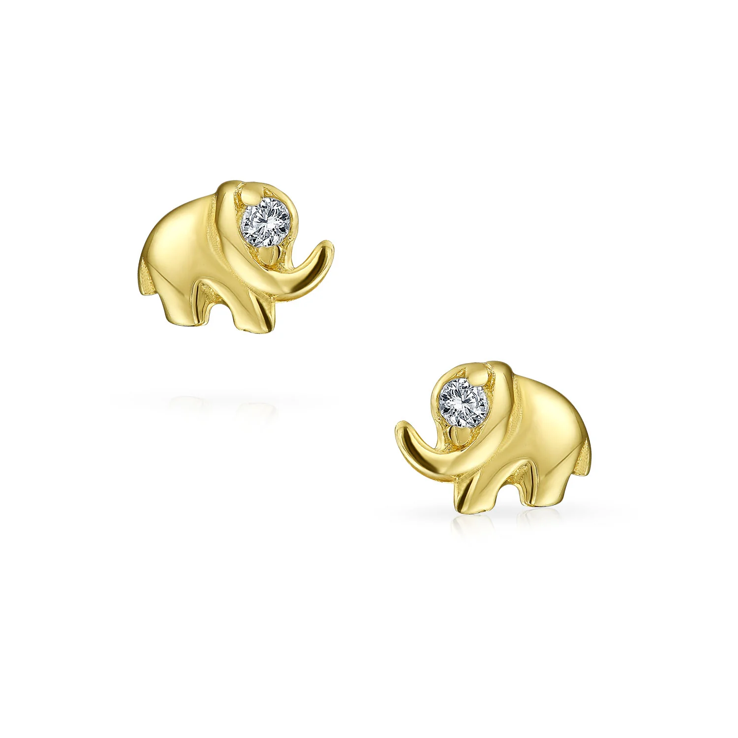 Tiny CZ Stud Earrings: Lucky Elephant in 14K Yellow Gold with Screw-back - Image 2