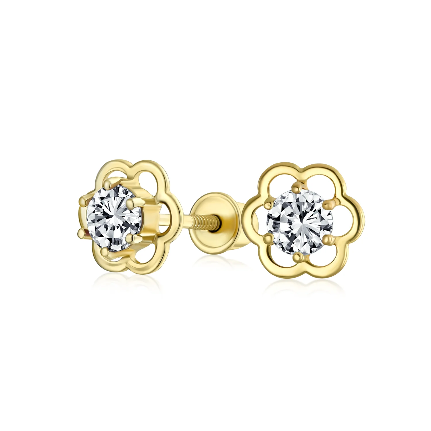 Tiny Cubic Zirconia Clear CZ Center Open Flower Stud Earrings 14K Gold Screw-back