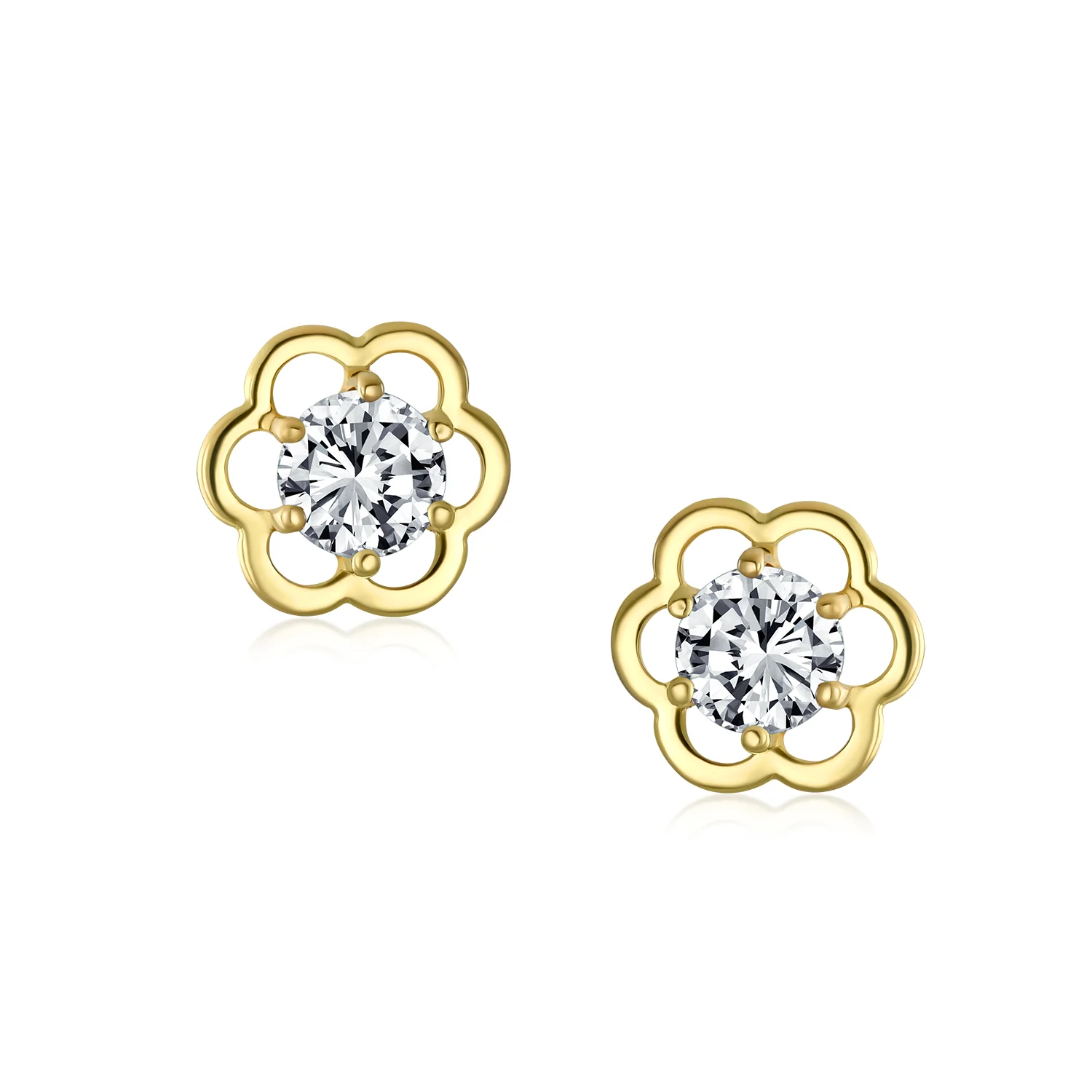 Tiny Cubic Zirconia Clear CZ Center Open Flower Stud Earrings 14K Gold Screw-back - Image 3