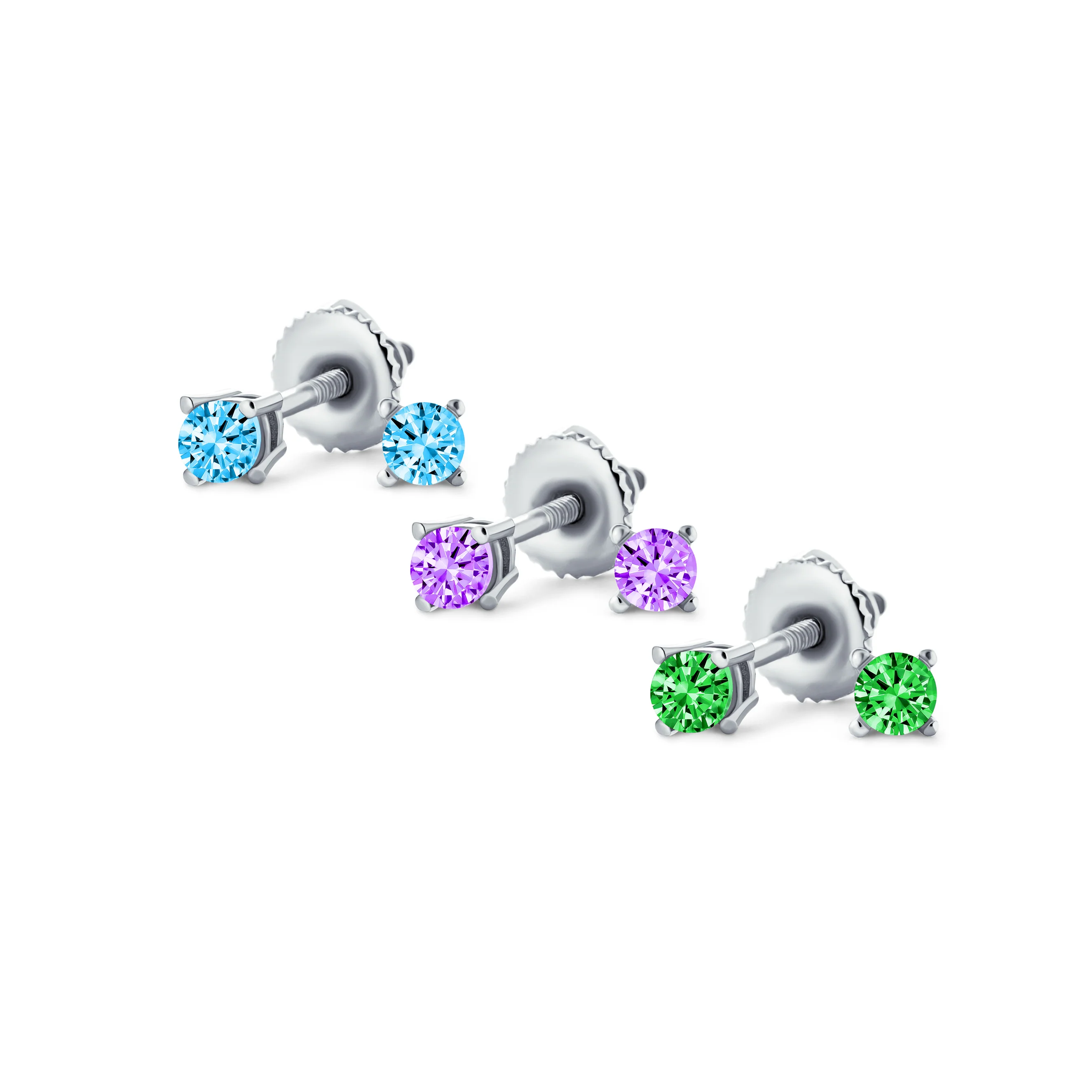 Set of 3 Tiny Blue Red Pink CZ Stud Earrings Gold Plated Sterling Silver - Image 2