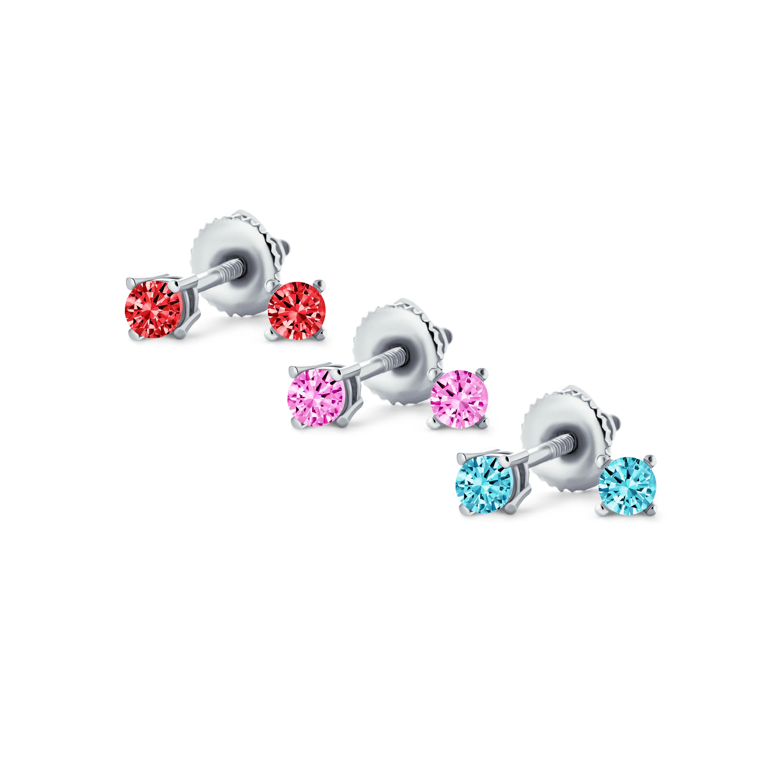 Set of 3 Tiny Blue Red Pink CZ Stud Earrings Gold Plated Sterling Silver - Image 3