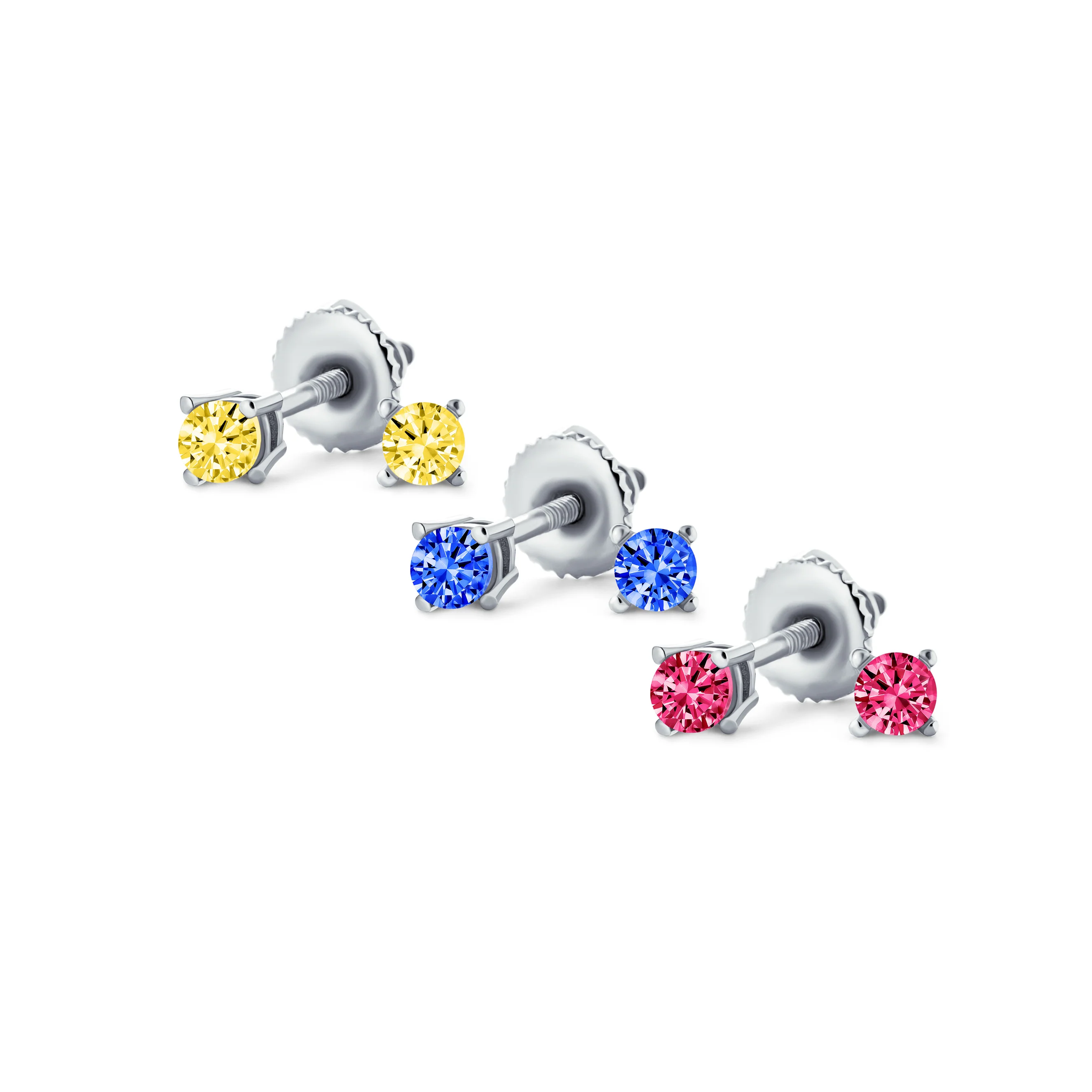 Set of 3 Tiny Blue Red Pink CZ Stud Earrings Gold Plated Sterling Silver - Image 4