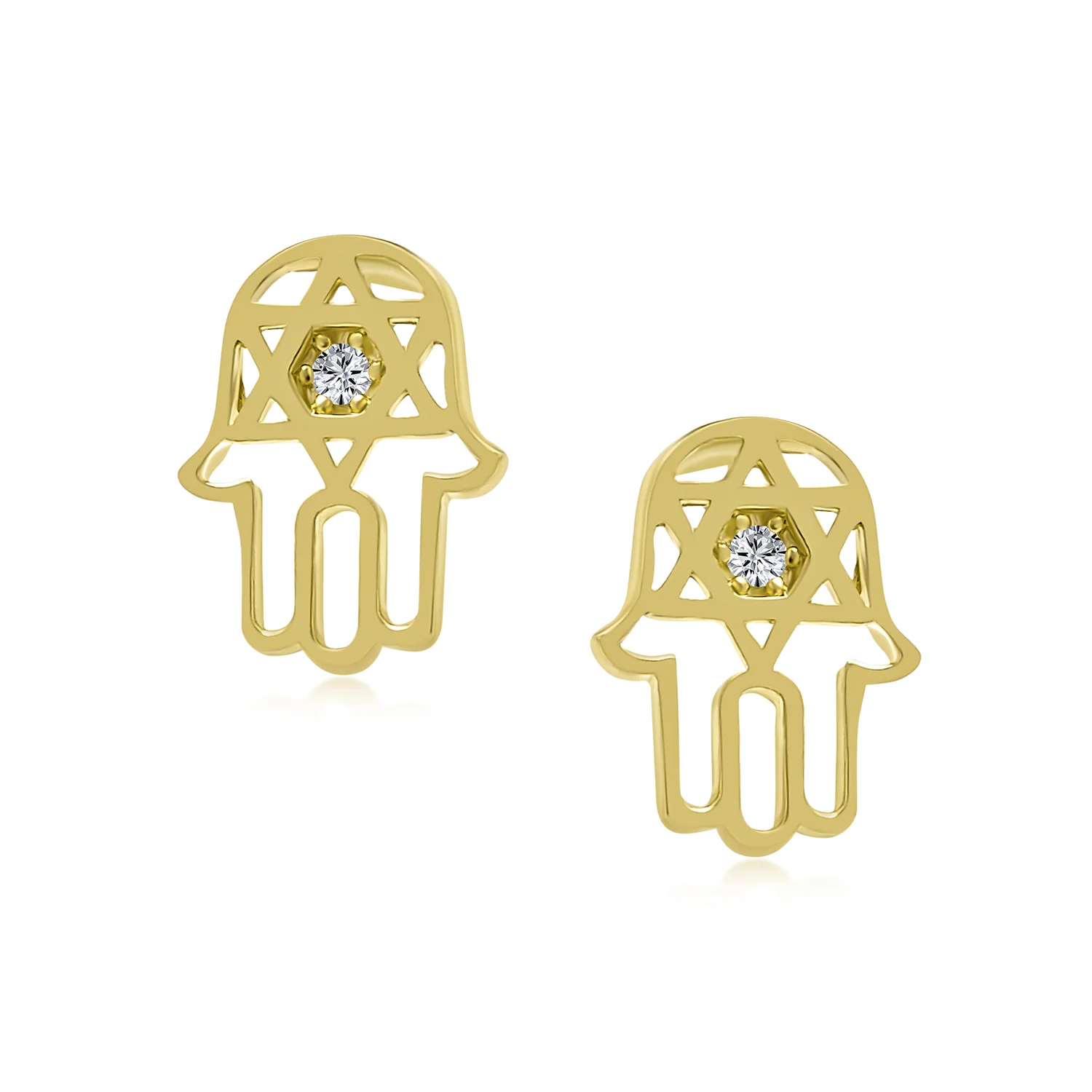 Tiny Petite Judaic Jewelry CZ Stud Earrings 14K Gold Hamsa Star Of David - Image 2