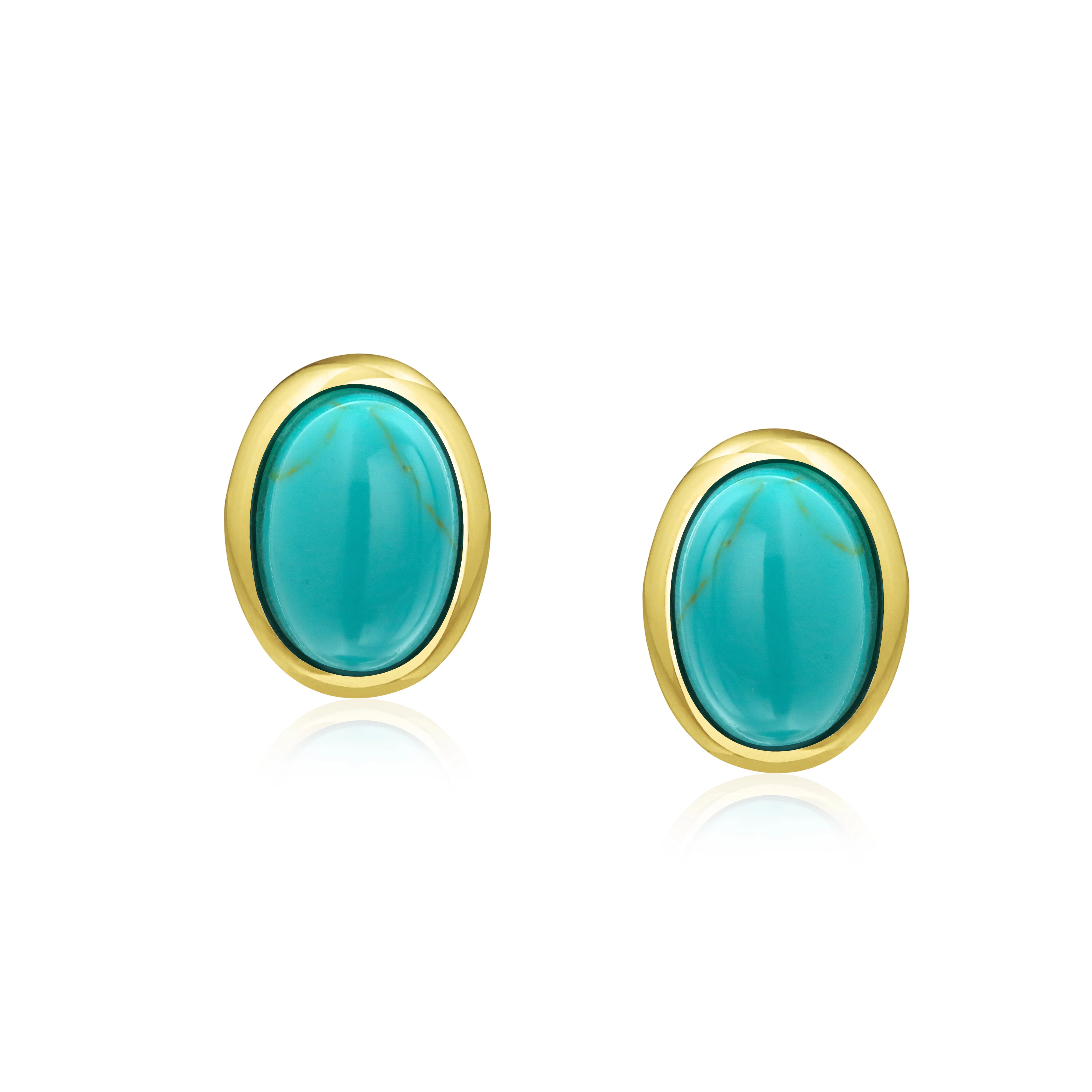 Onyx Turquoise Bezel Set Dome Button Oval Stud Earrings Gold Plated Sterling Silver - Image 6