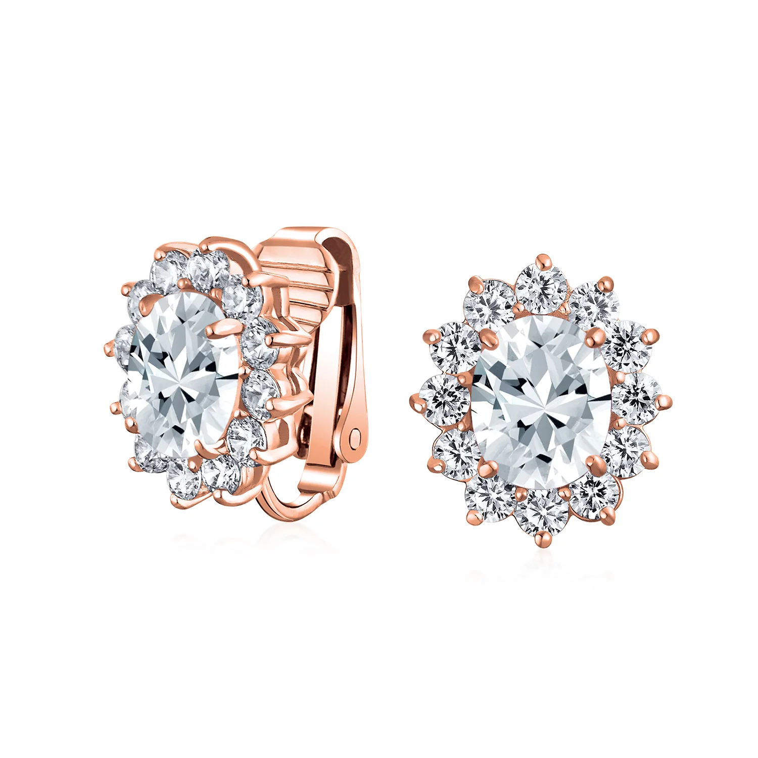 Traditional Bridal CZ Halo Oval Stud Clip-On Earrings for Non-Pierced Ears - Image 6