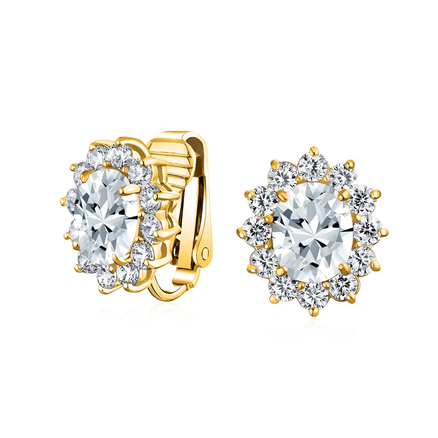 Traditional Bridal CZ Halo Oval Stud Clip-On Earrings for Non-Pierced Ears - Image 7