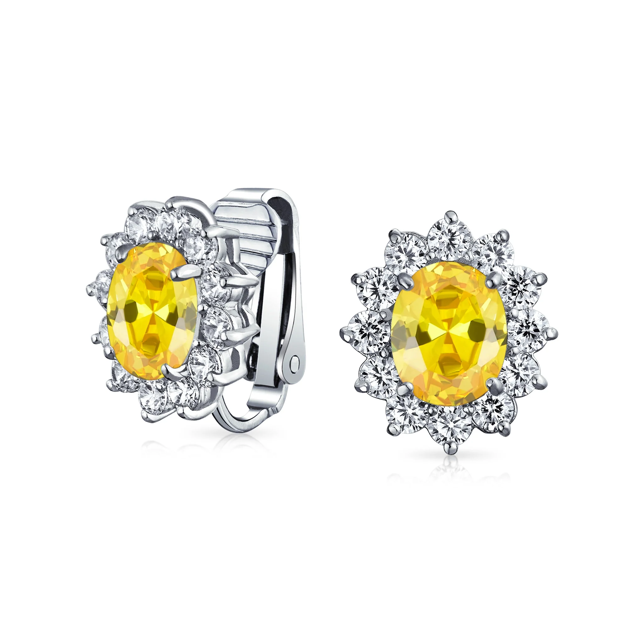 Traditional Bridal CZ Halo Oval Stud Clip-On Earrings for Non-Pierced Ears - Image 9
