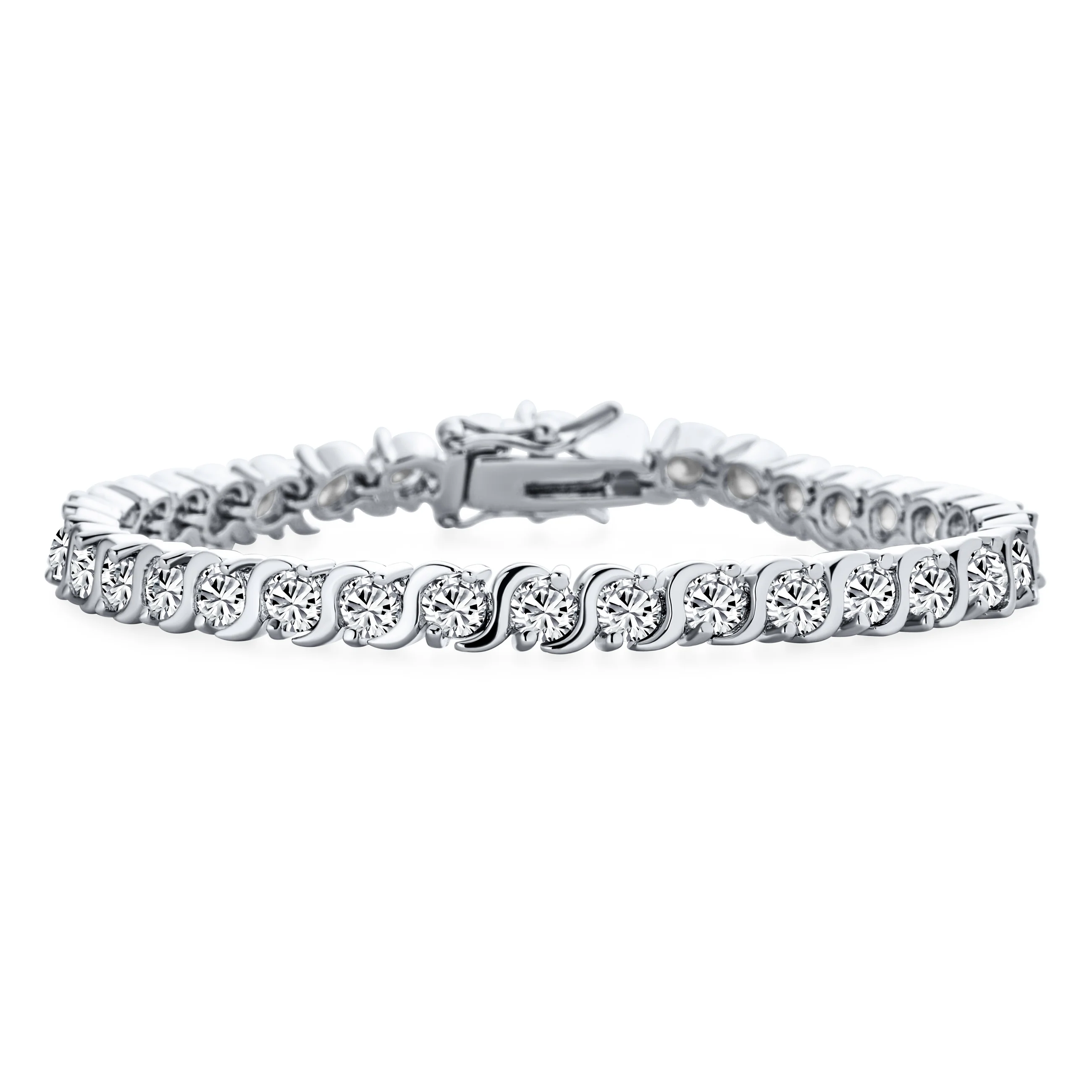 Fancy 20CTW CZ Cubic Zirconia Wave S-Link Swirl Tennis Bracelet, 7.25 Inch Silver Plated