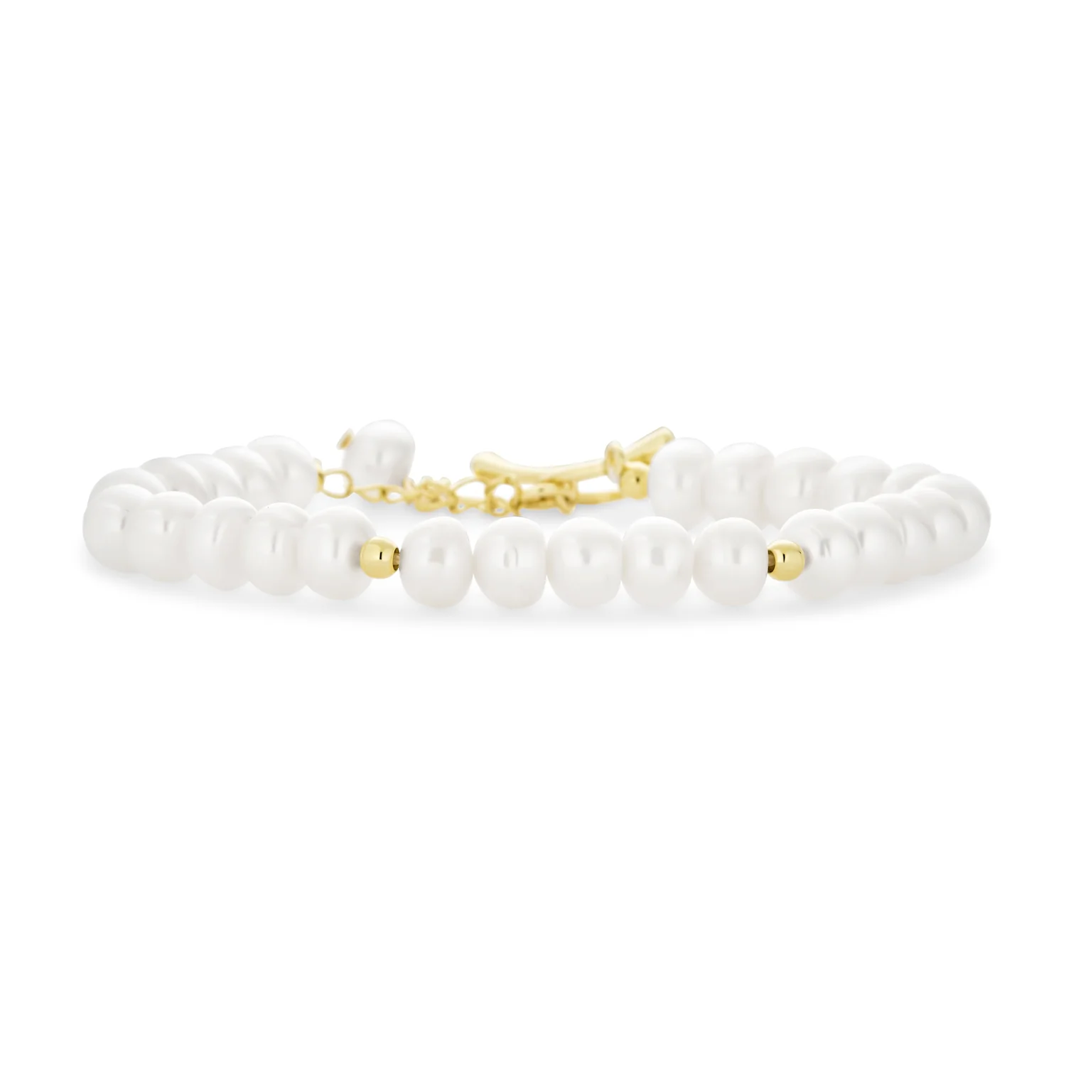 Traditional Bridal 5MM White Freshwater Pearl Strand Bracelet with Gold Beads 7" - Image 2